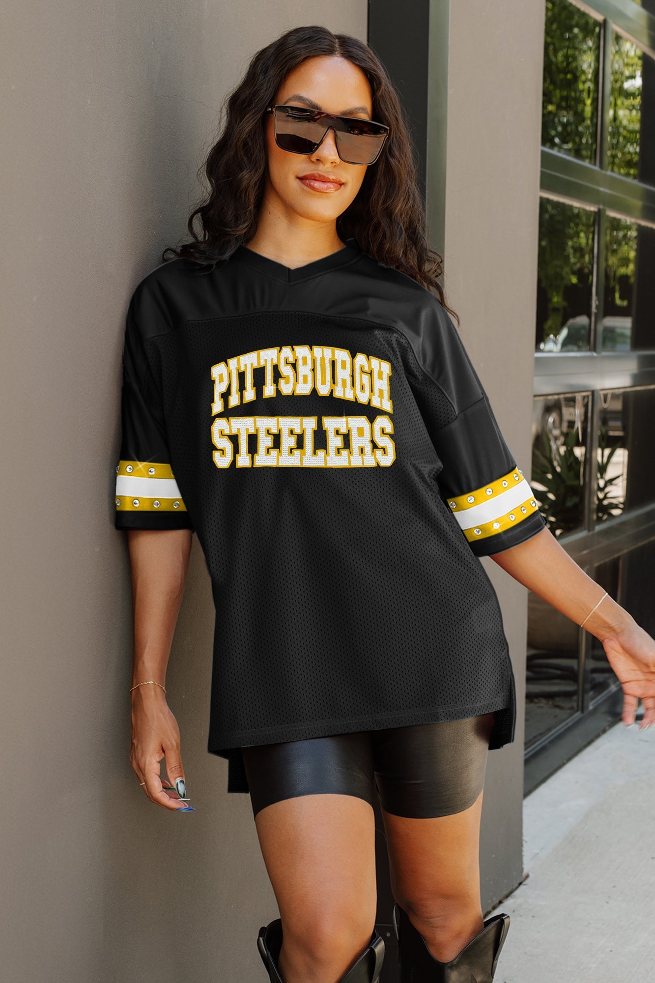 PITTSBURGH STEELERS UNTIL KICKOFF OVERSIZED V-NECK RHINESTONE-STRIPED TRIM FASHION TOP