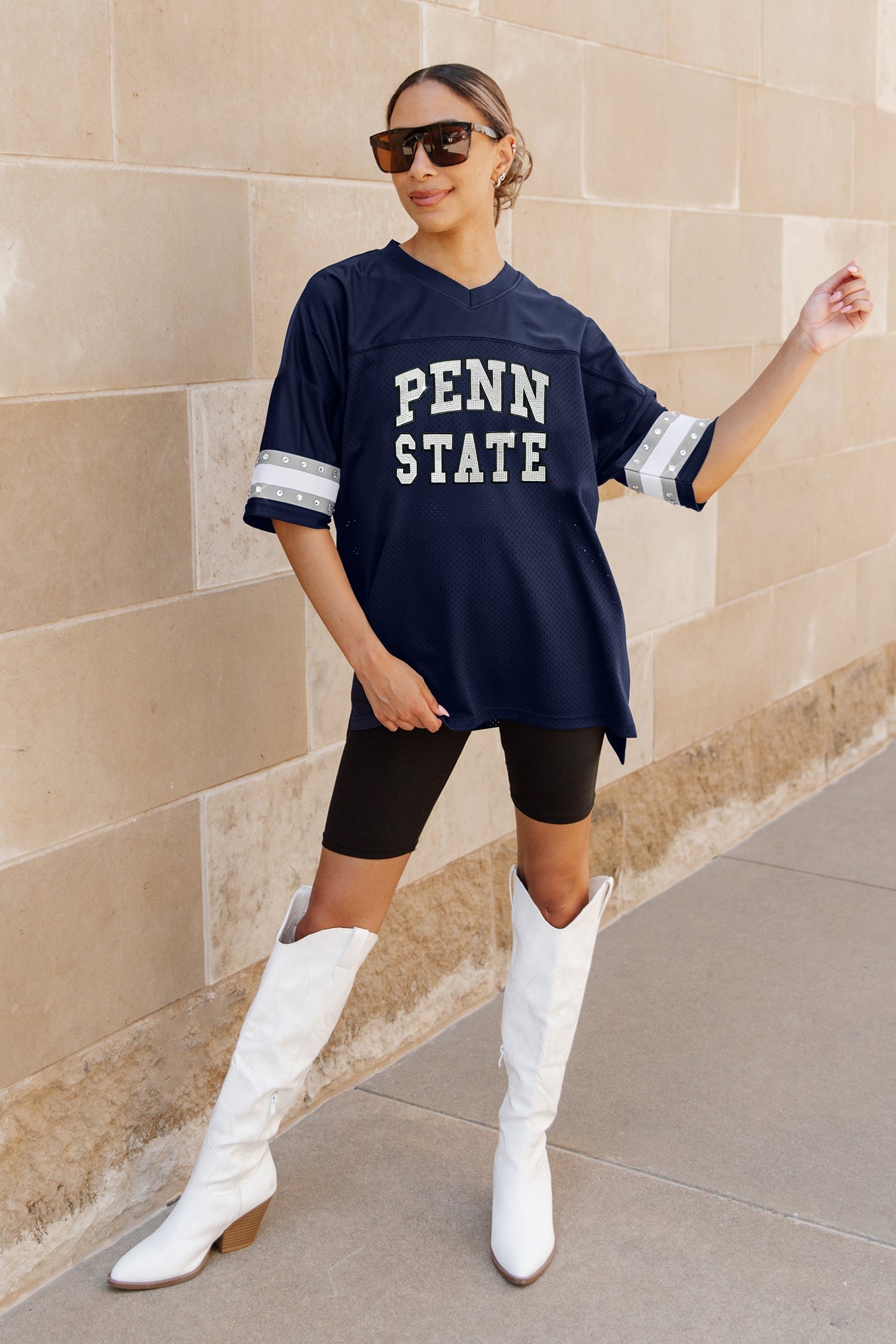 PENN STATE NITTANY LIONS UNTIL KICKOFF OVERSIZED V-NECK RHINESTONE-STRIPED TRIM FASHION JERSEY