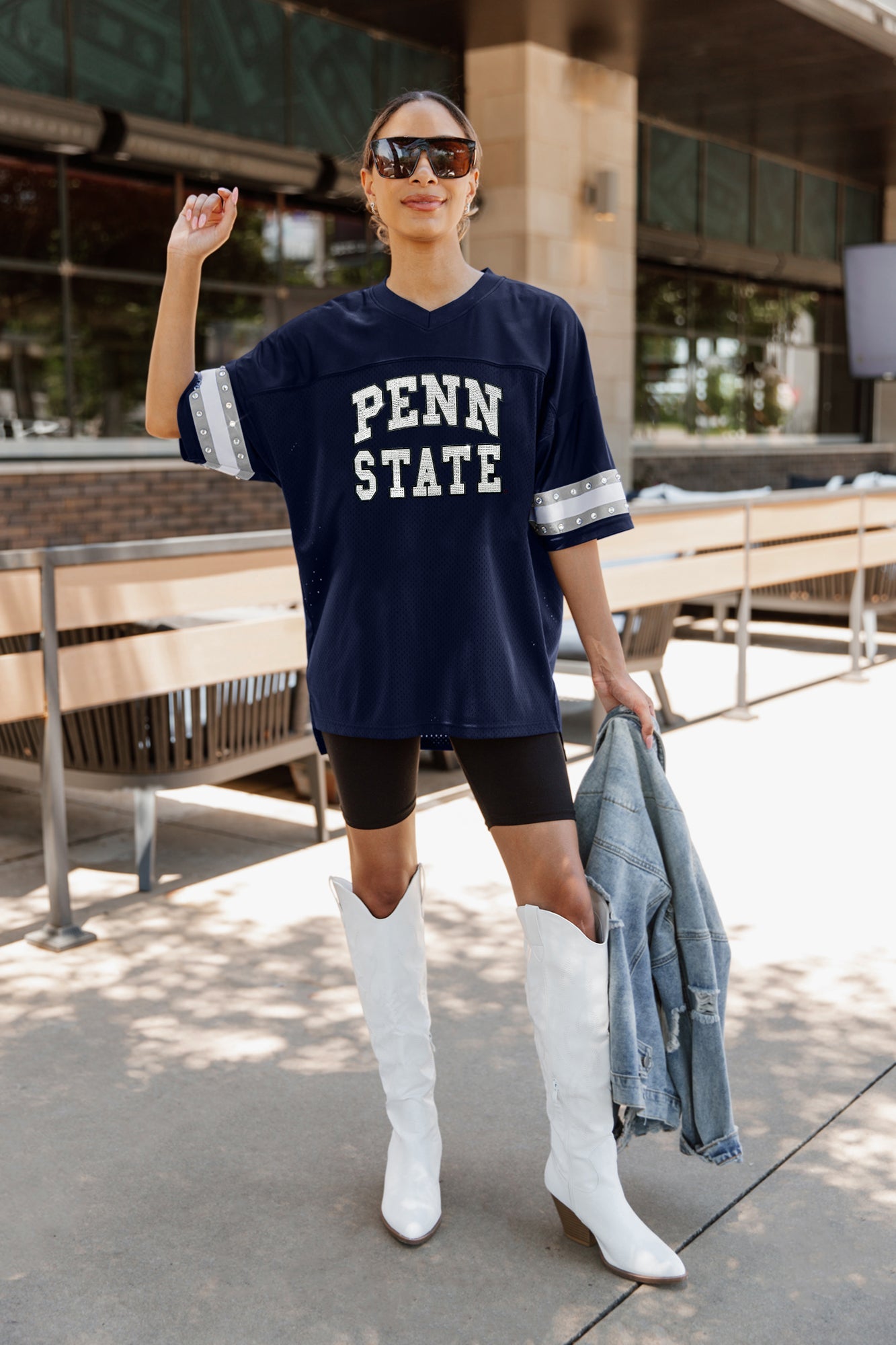 PENN STATE NITTANY LIONS UNTIL KICKOFF OVERSIZED V-NECK RHINESTONE-STRIPED TRIM FASHION JERSEY