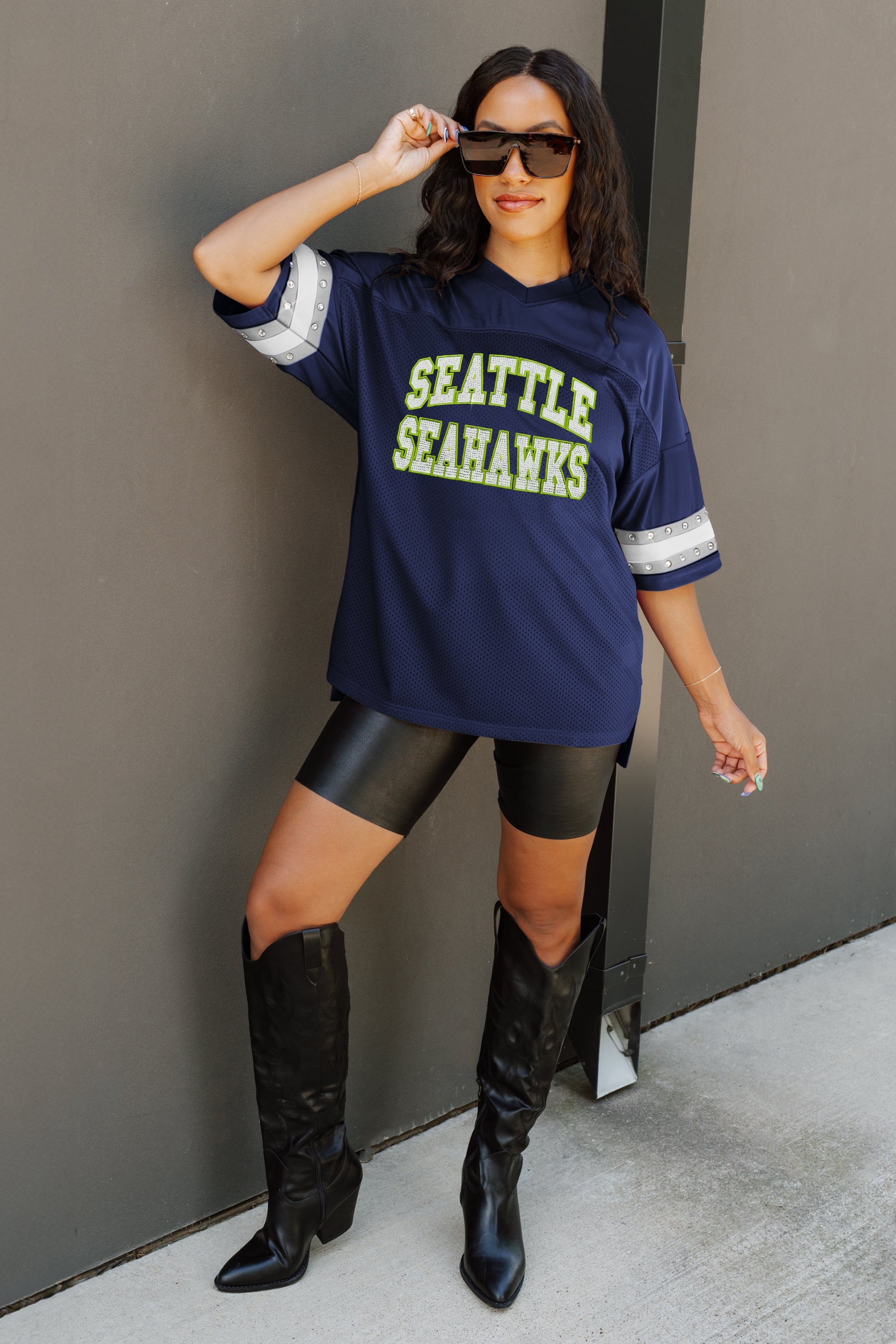 SEATTLE SEAHAWKS UNTIL KICKOFF OVERSIZED V-NECK RHINESTONE-STRIPED TRIM FASHION TOP