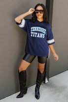 TENNESSEE TITANS UNTIL KICKOFF OVERSIZED V-NECK RHINESTONE-STRIPED TRIM FASHION TOP