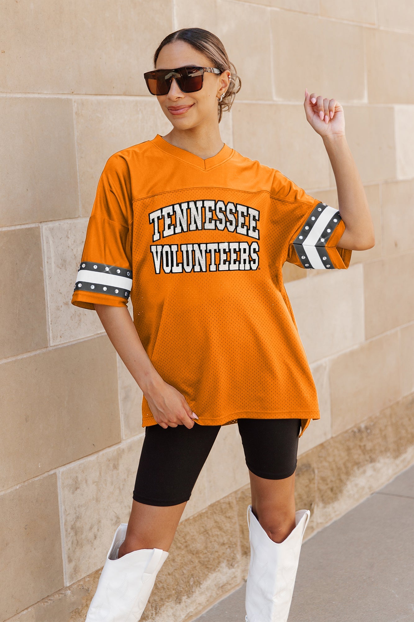 TENNESSEE VOLUNTEERS UNTIL KICKOFF OVERSIZED V-NECK RHINESTONE-STRIPED TRIM FASHION JERSEY