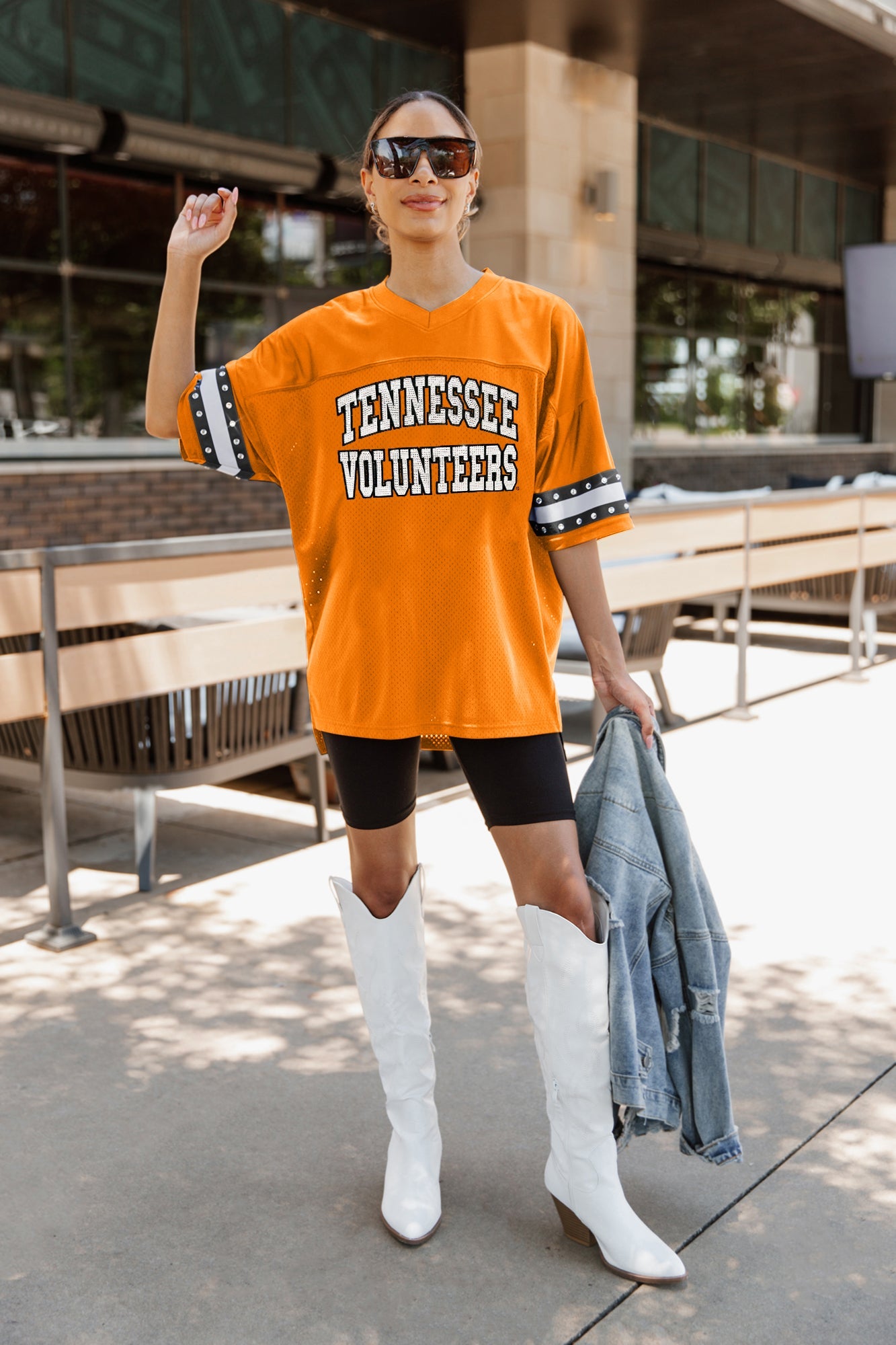 TENNESSEE VOLUNTEERS UNTIL KICKOFF OVERSIZED V-NECK RHINESTONE-STRIPED TRIM FASHION JERSEY