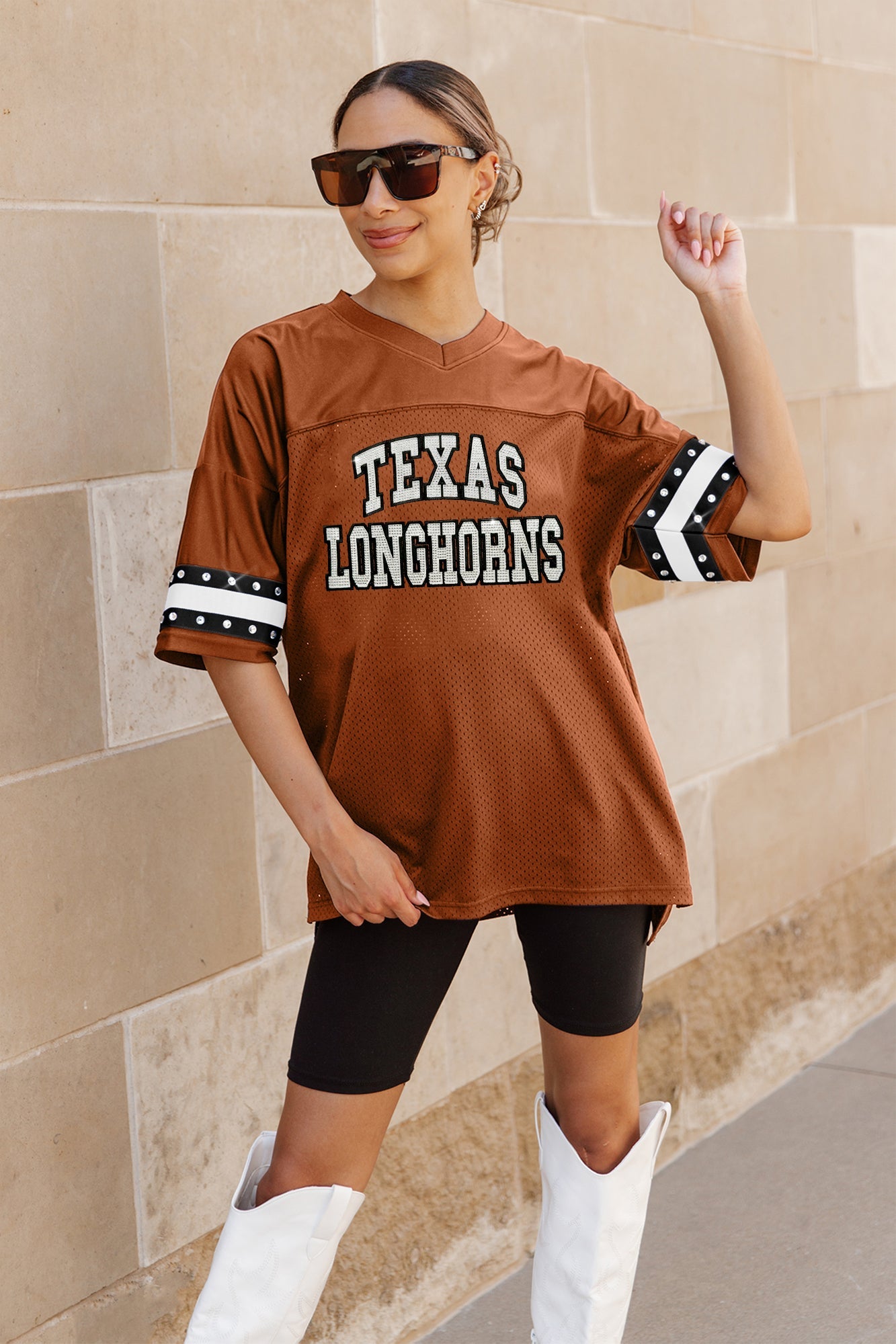 TEXAS LONGHORNS UNTIL KICKOFF OVERSIZED V-NECK RHINESTONE-STRIPED TRIM FASHION JERSEY