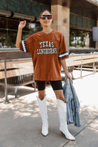 TEXAS LONGHORNS UNTIL KICKOFF OVERSIZED V-NECK RHINESTONE-STRIPED TRIM FASHION JERSEY