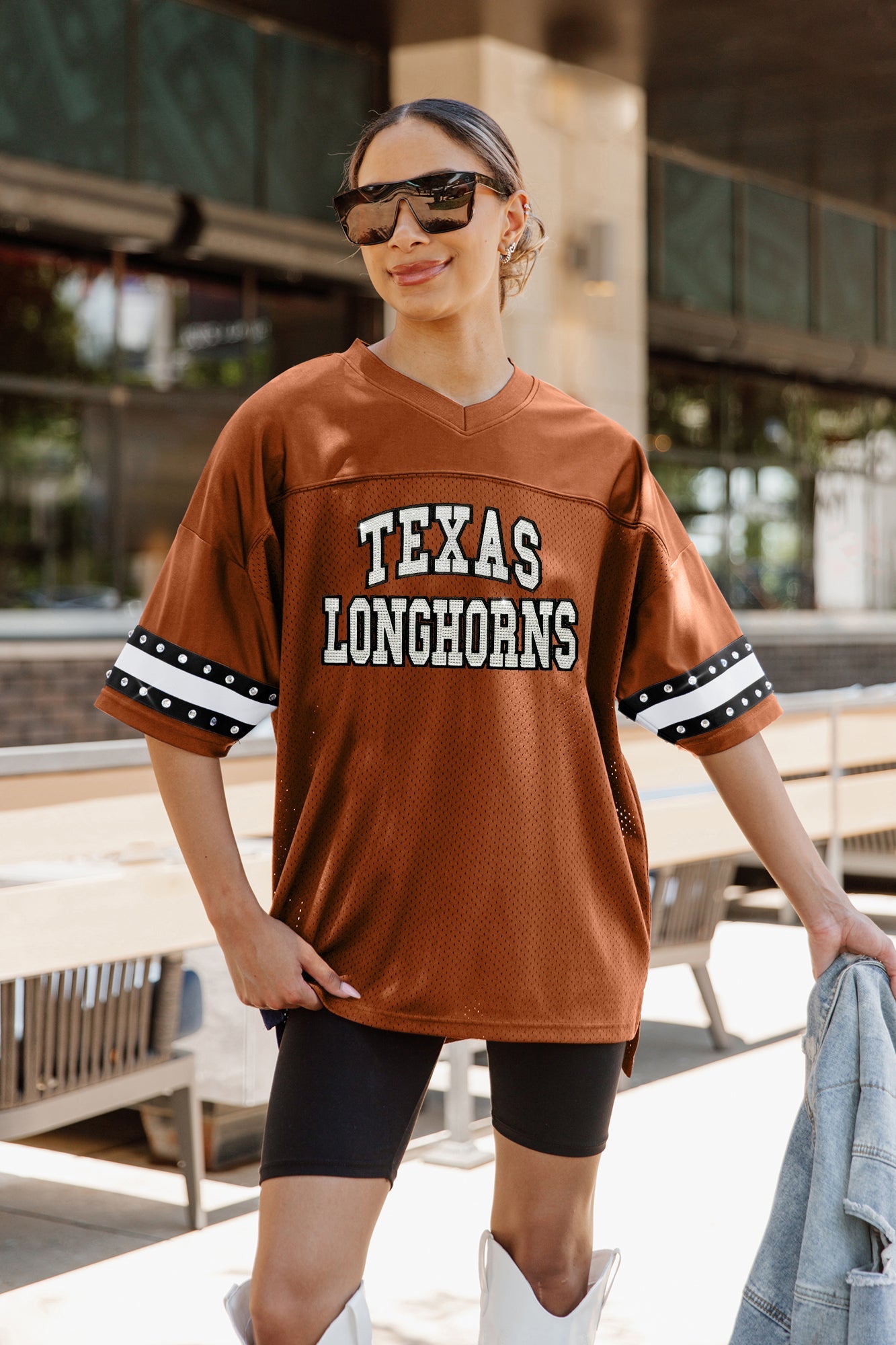 TEXAS LONGHORNS UNTIL KICKOFF OVERSIZED V-NECK RHINESTONE-STRIPED TRIM FASHION JERSEY