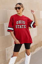 OHIO STATE BUCKEYES UNTIL KICKOFF OVERSIZED V-NECK RHINESTONE-STRIPED TRIM FASHION JERSEY