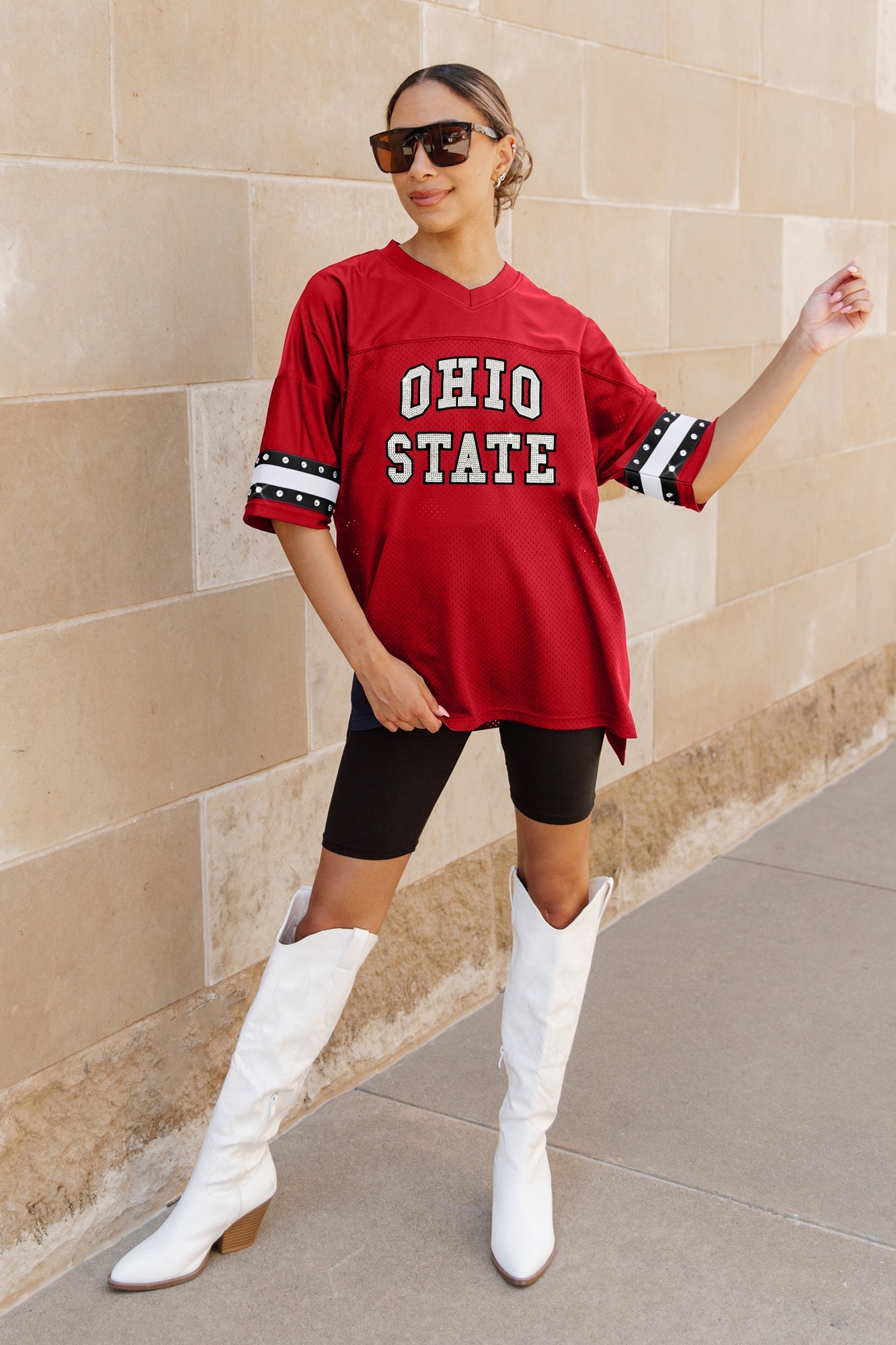 OHIO STATE BUCKEYES UNTIL KICKOFF OVERSIZED V-NECK RHINESTONE-STRIPED TRIM FASHION JERSEY