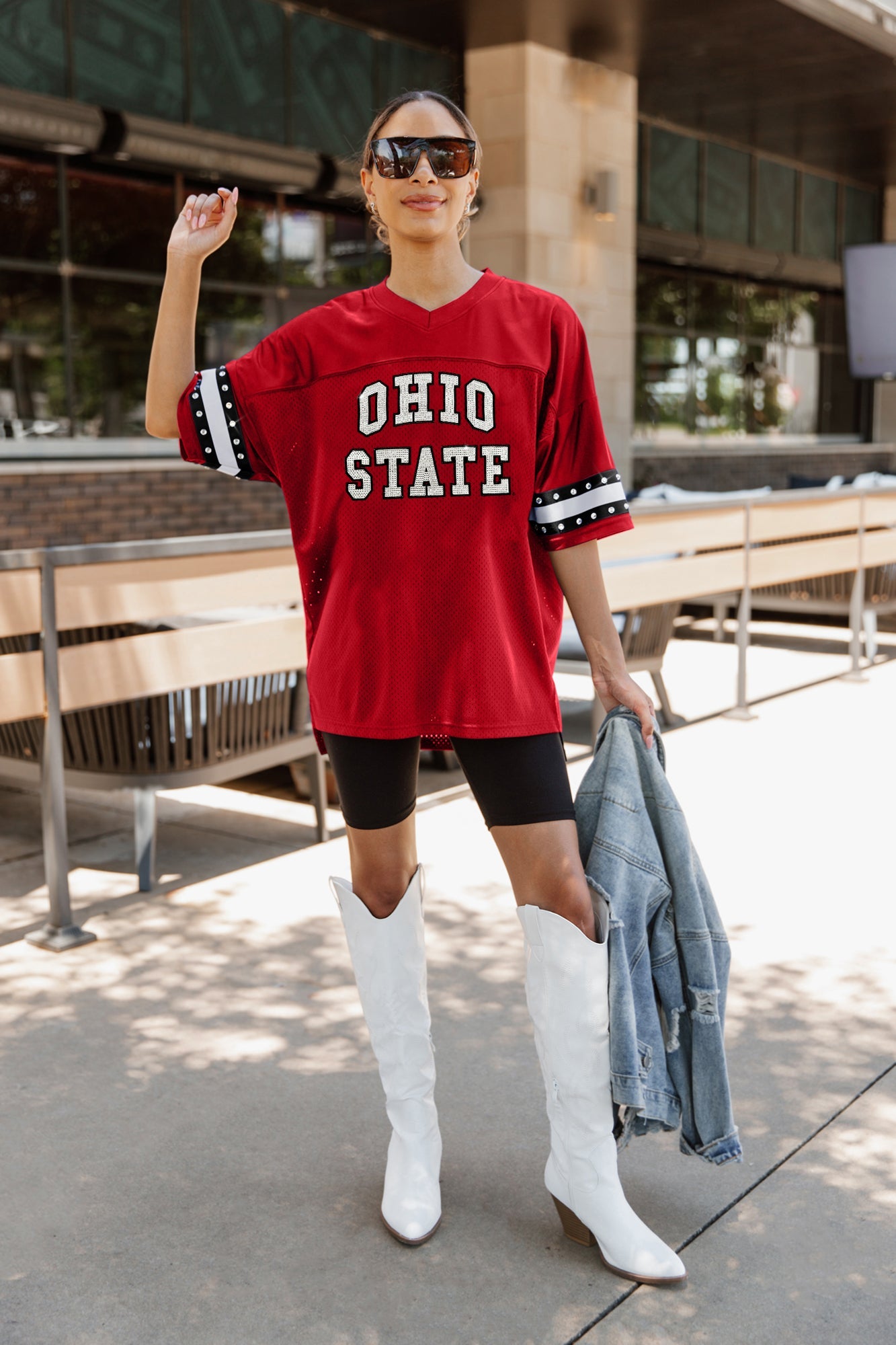 OHIO STATE BUCKEYES UNTIL KICKOFF OVERSIZED V-NECK RHINESTONE-STRIPED TRIM FASHION JERSEY