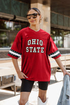 OHIO STATE BUCKEYES UNTIL KICKOFF OVERSIZED V-NECK RHINESTONE-STRIPED TRIM FASHION JERSEY