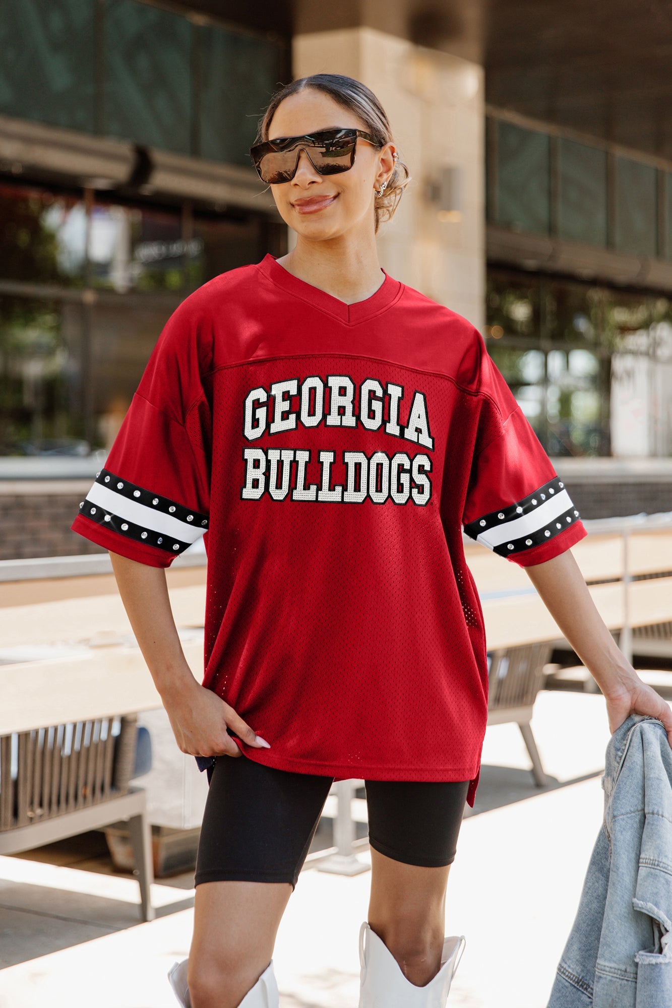 GEORGIA BULLDOGS UNTIL KICKOFF OVERSIZED V-NECK RHINESTONE-STRIPED TRIM FASHION JERSEY