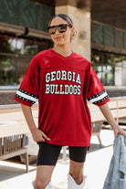 GEORGIA BULLDOGS UNTIL KICKOFF OVERSIZED V-NECK RHINESTONE-STRIPED TRIM FASHION JERSEY