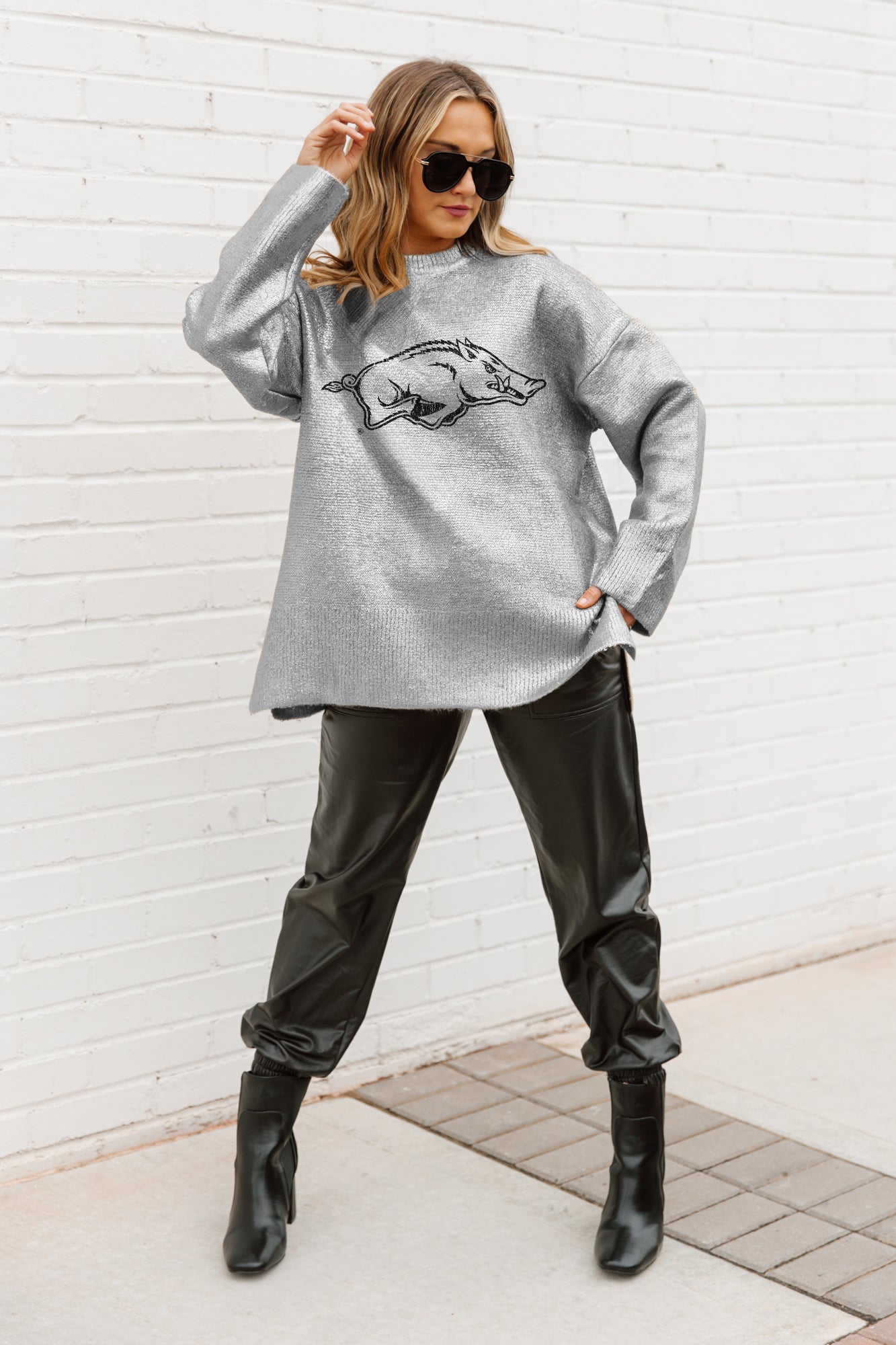 ARKANSAS RAZORBACKS SHINE DOWN OVERSIZED METALLIC LOOSE KNIT SWEATER