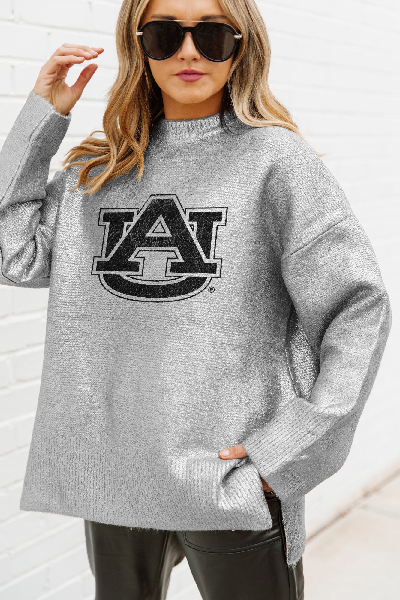 AUBURN TIGERS SHINE DOWN OVERSIZED METALLIC LOOSE KNIT SWEATER