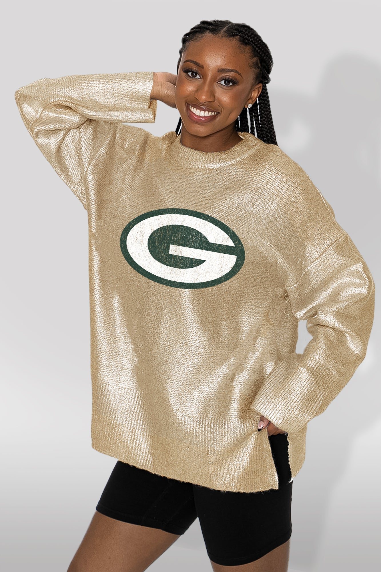 GREEN BAY PACKERS SHINE DOWN OVERSIZED METALLIC LOOSE KNIT SWEATER