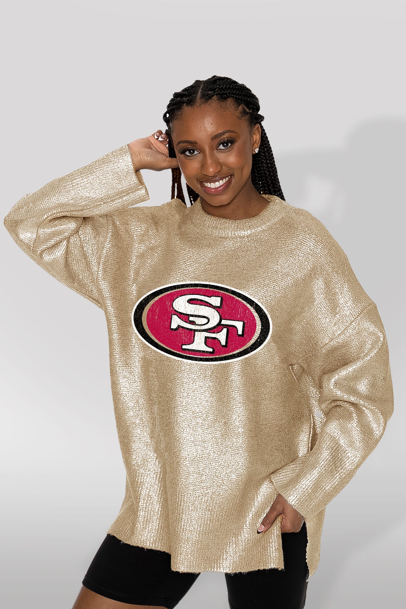 San Francisco 49ers Shine Down Oversized Metallic Loose Knit Sweater