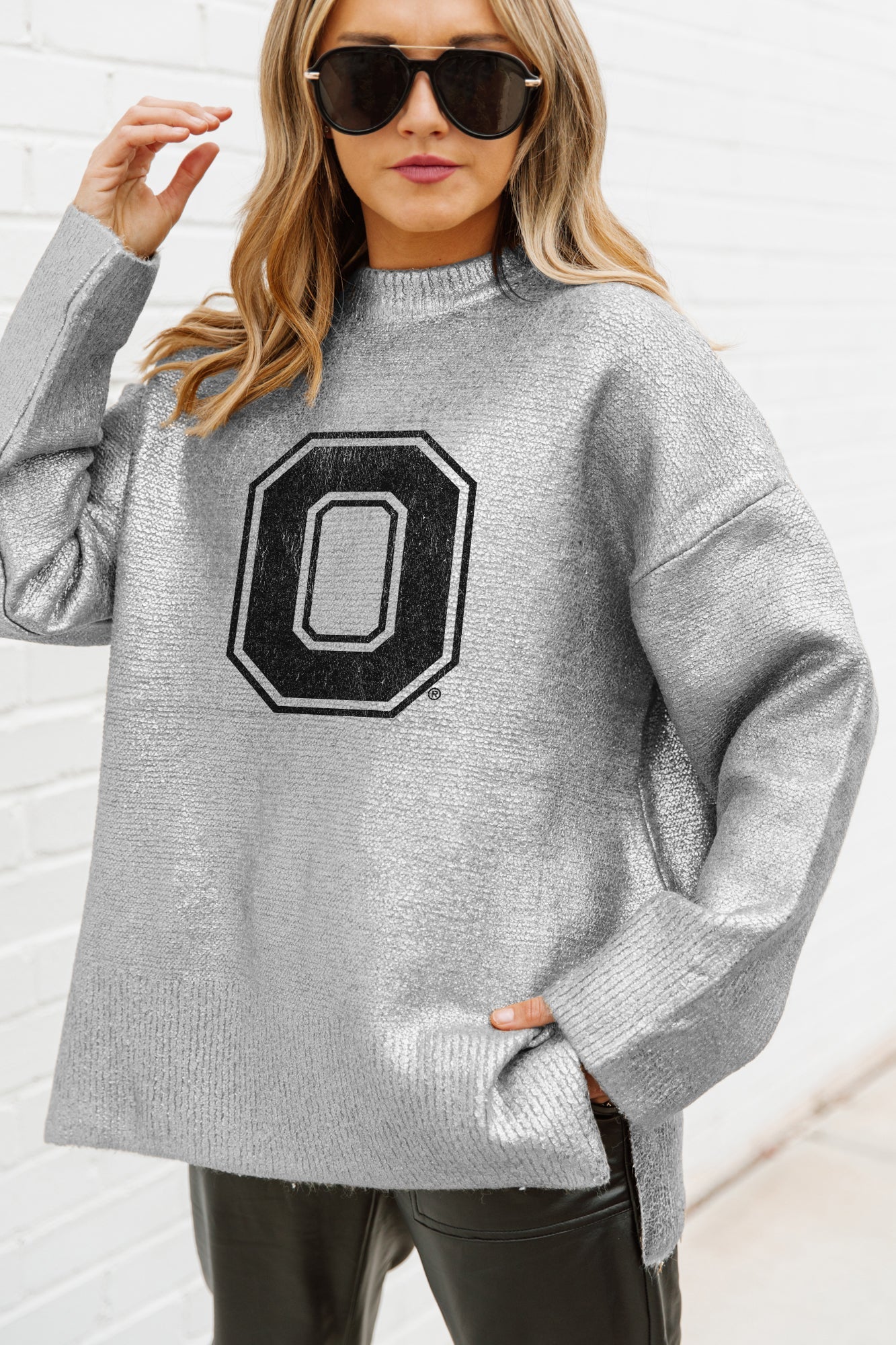 OHIO STATE BUCKEYES SHINE DOWN OVERSIZED METALLIC LOOSE KNIT SWEATER