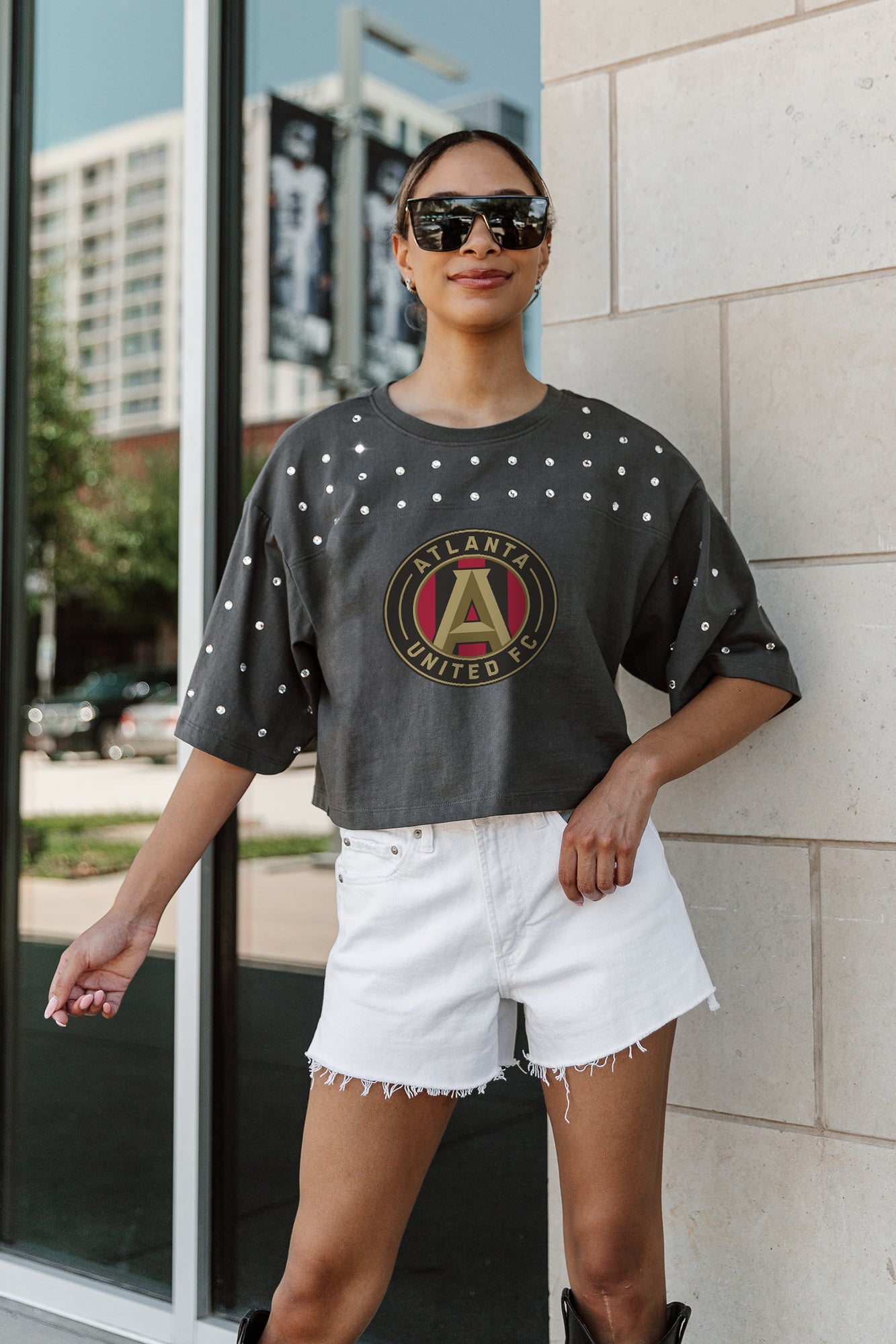 ATLANTA UNITED FC MAKING MOVES ALL-OVER RHINESTONE CROPPED TEE WITH YOKE