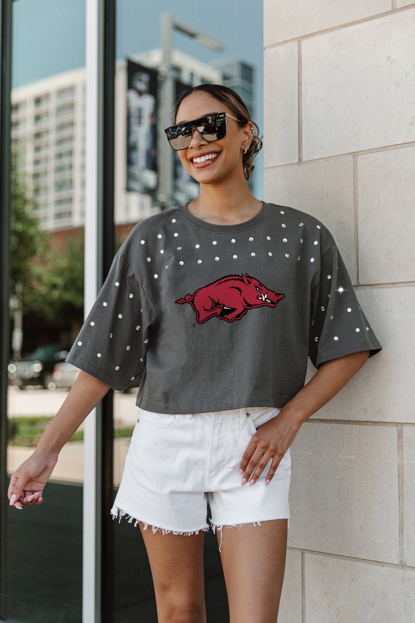 ARKANSAS RAZORBACKS MAKING MOVES ALL-OVER RHINESTONE CROPPED TEE WITH YOKE