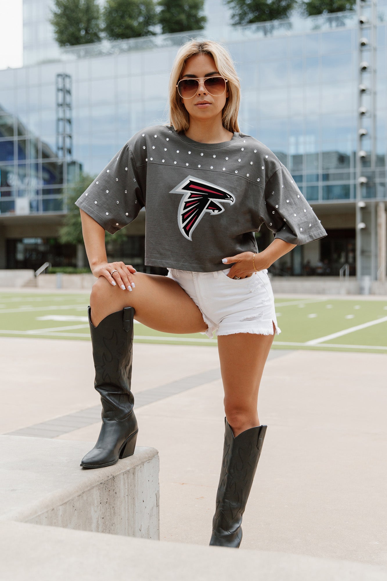 ATLANTA FALCONS MAKING MOVES ALL-OVER RHINESTONE CROPPED TEE WITH YOKE