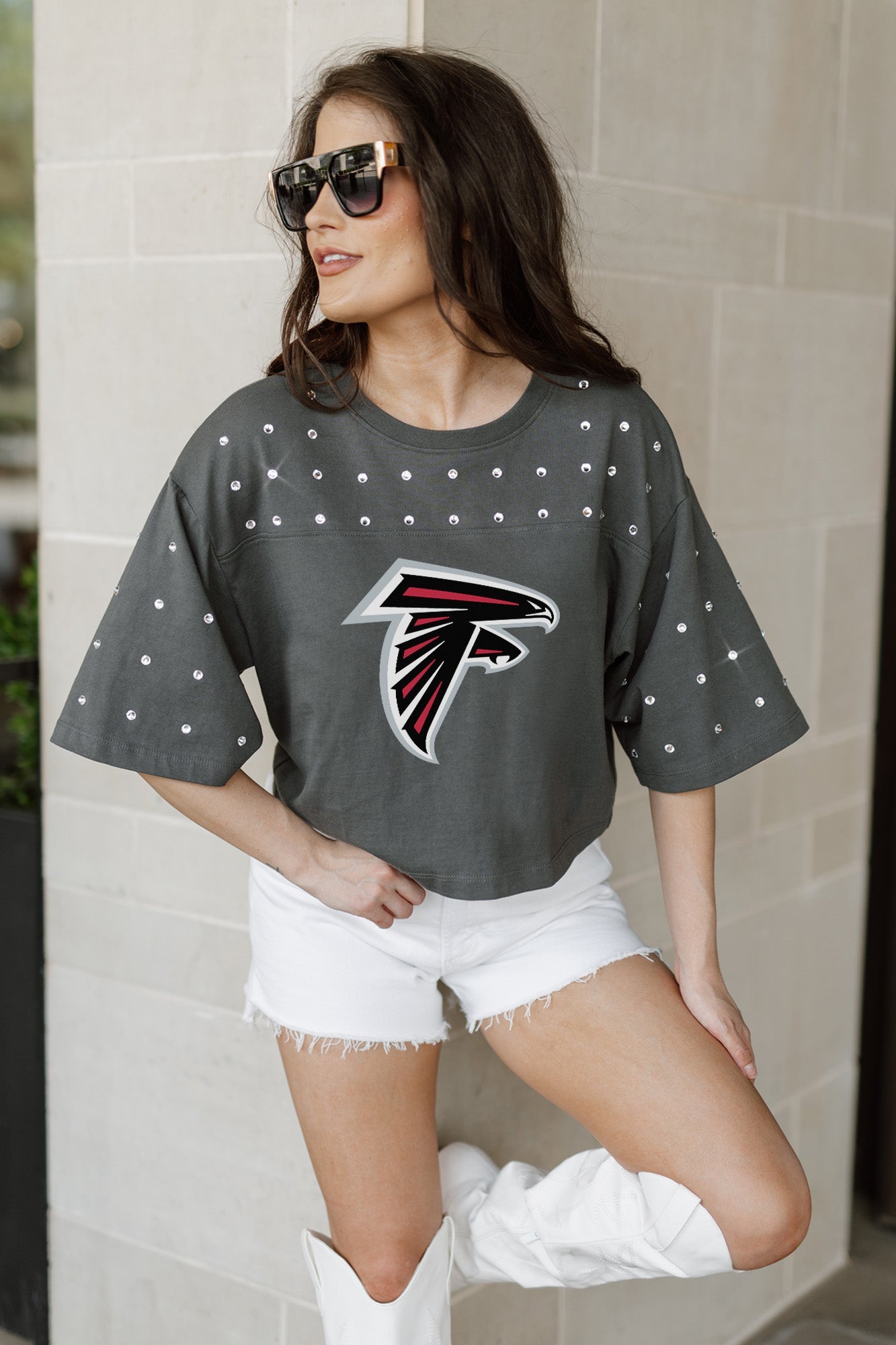 ATLANTA FALCONS MAKING MOVES ALL-OVER RHINESTONE CROPPED TEE WITH YOKE