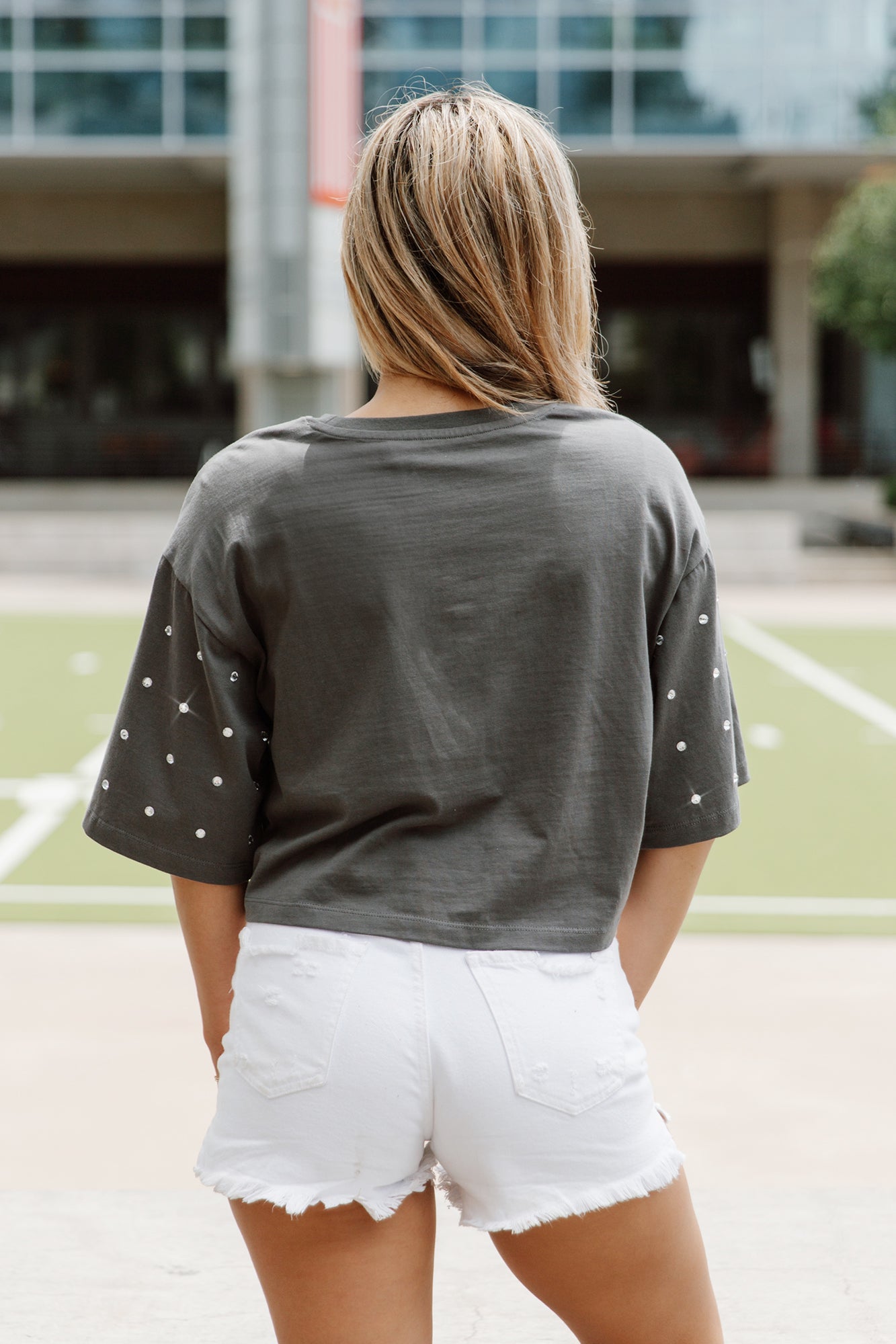 BUFFALO BILLS MAKING MOVES ALL-OVER RHINESTONE CROPPED TEE WITH YOKE