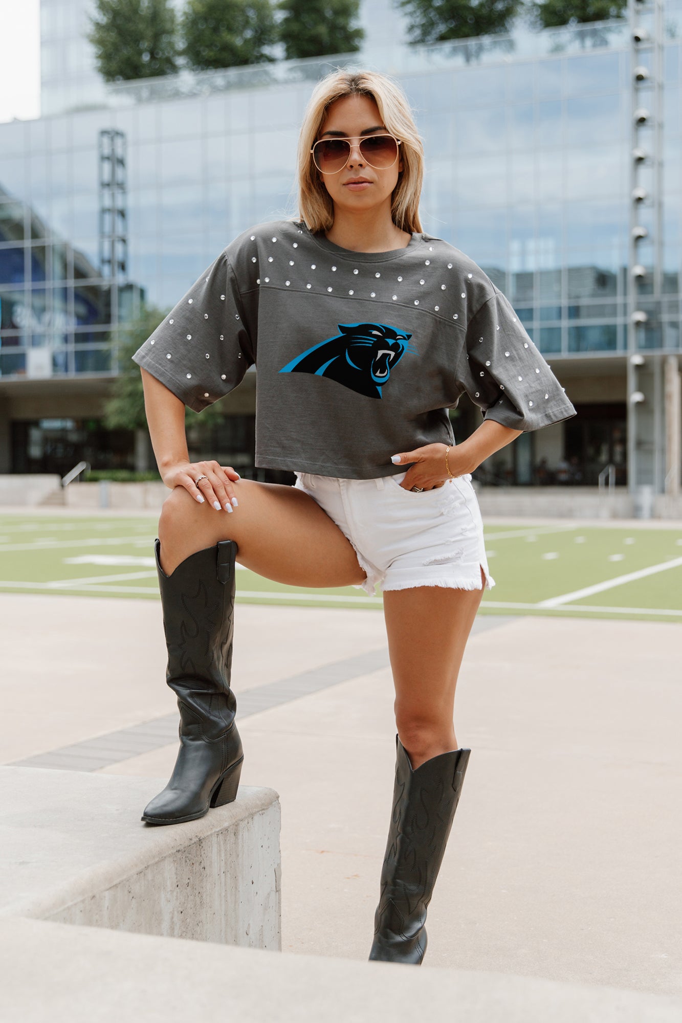 CAROLINA PANTHERS MAKING MOVES ALL-OVER RHINESTONE CROPPED TEE WITH YOKE