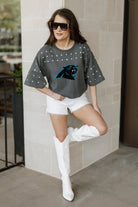 CAROLINA PANTHERS MAKING MOVES ALL-OVER RHINESTONE CROPPED TEE WITH YOKE