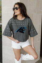 CAROLINA PANTHERS MAKING MOVES ALL-OVER RHINESTONE CROPPED TEE WITH YOKE