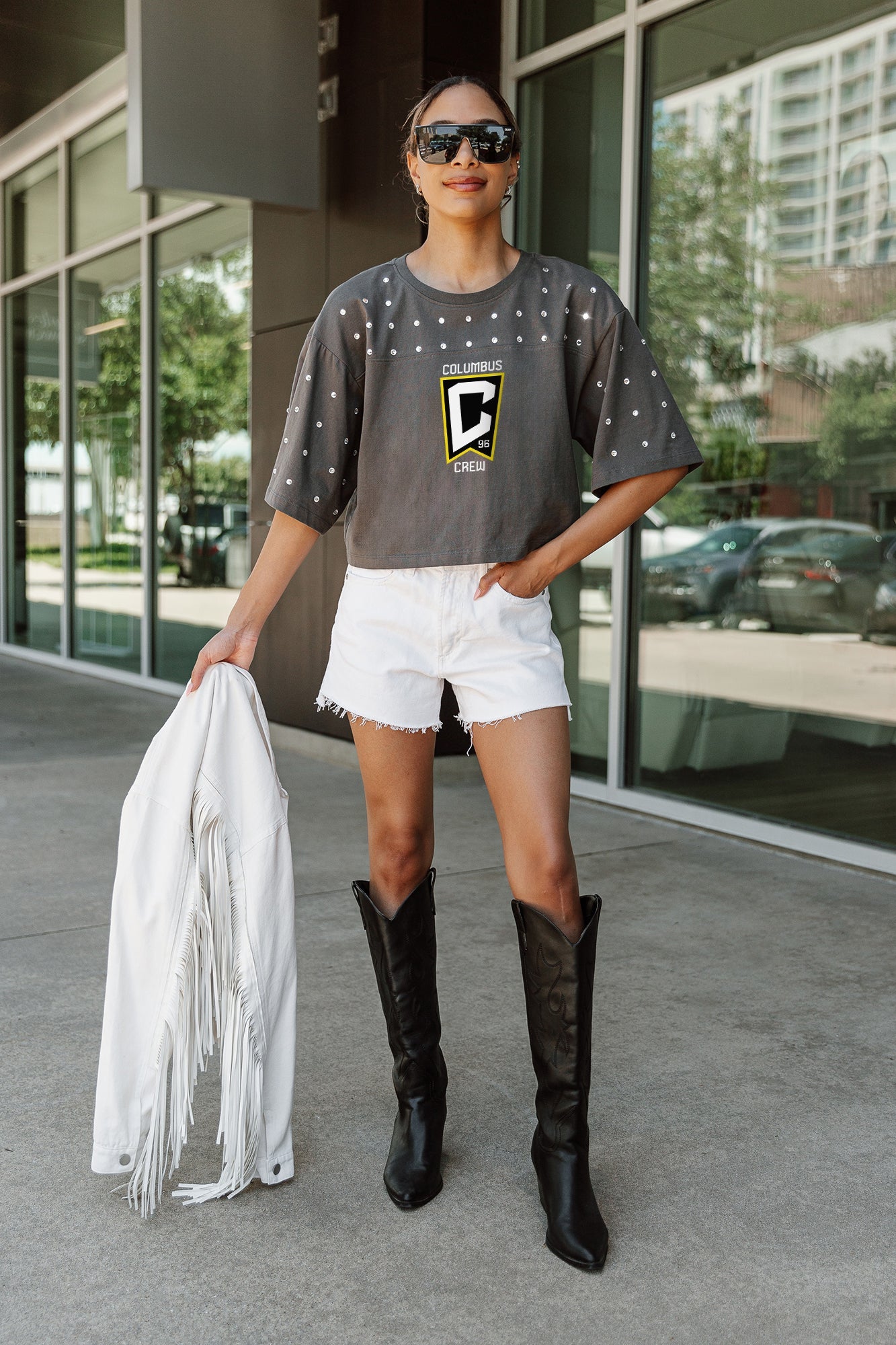 COLUMBUS CREW SC MAKING MOVES ALL-OVER RHINESTONE CROPPED TEE WITH YOKE