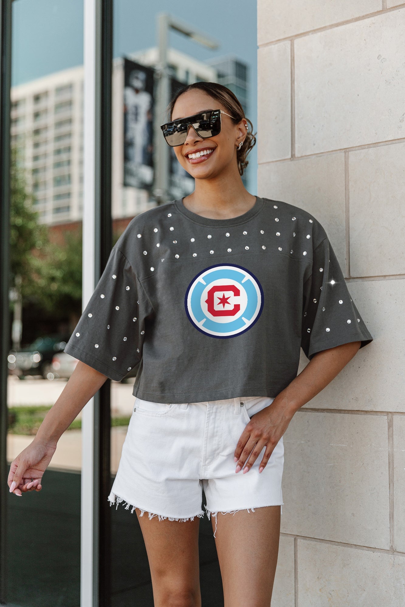 CHICAGO FIRE SC MAKING MOVES ALL-OVER RHINESTONE CROPPED TEE WITH YOKE