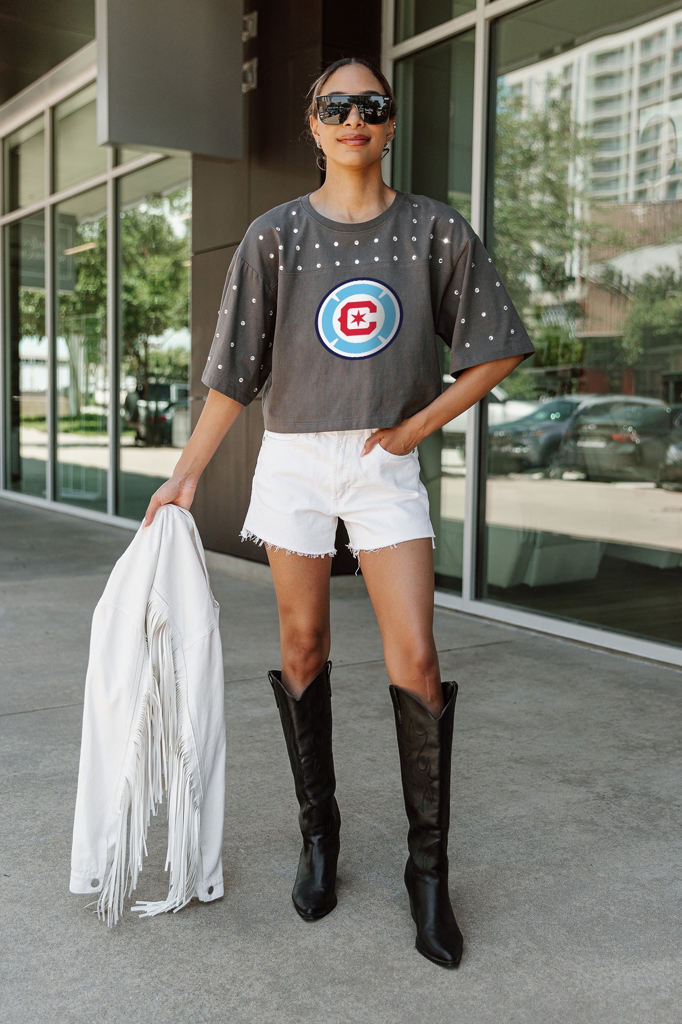 CHICAGO FIRE SC MAKING MOVES ALL-OVER RHINESTONE CROPPED TEE WITH YOKE