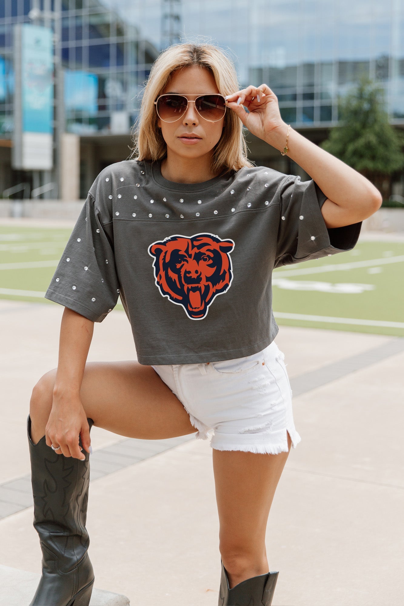 CHICAGO BEARS MAKING MOVES ALL-OVER RHINESTONE CROPPED TEE WITH YOKE