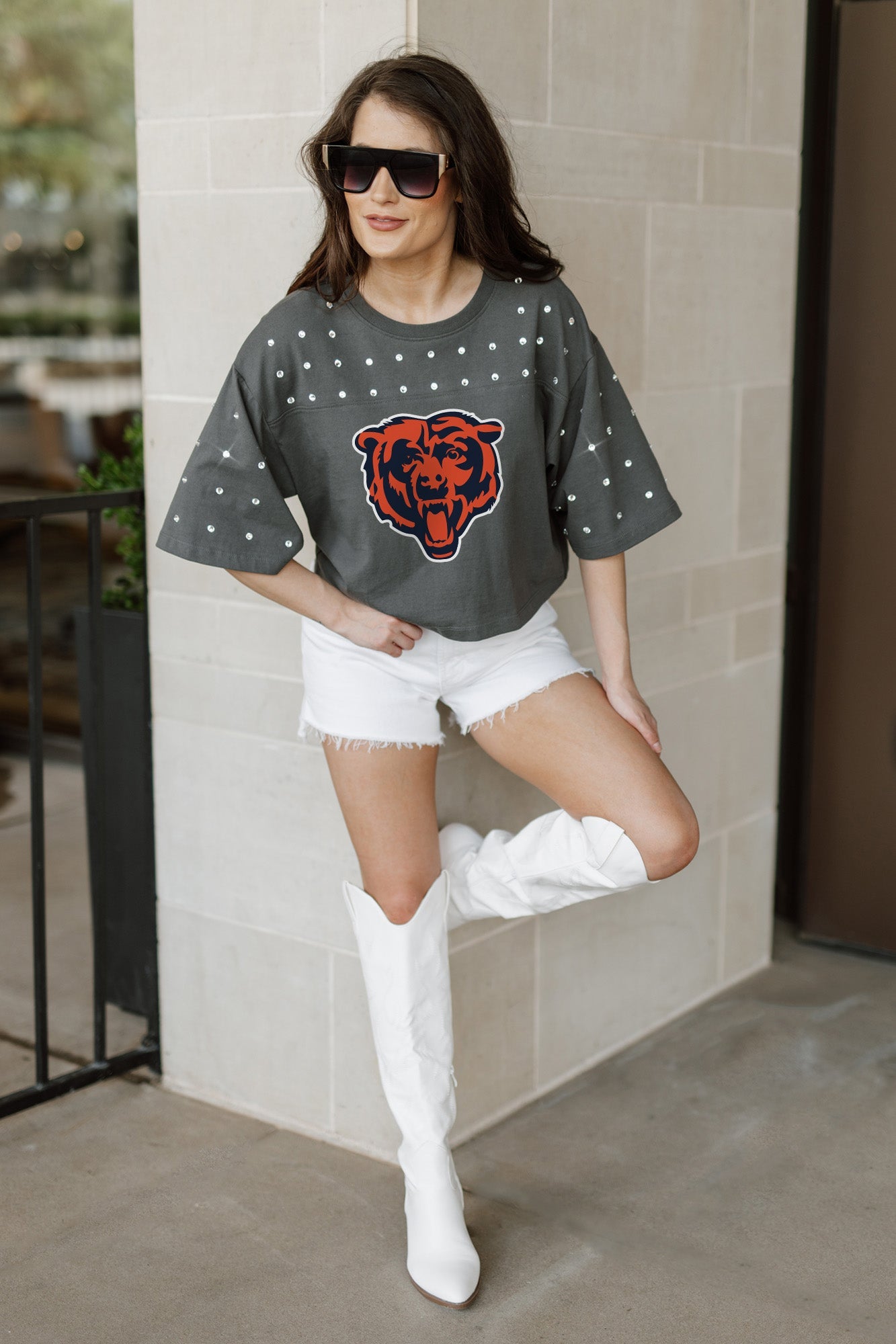 CHICAGO BEARS MAKING MOVES ALL-OVER RHINESTONE CROPPED TEE WITH YOKE