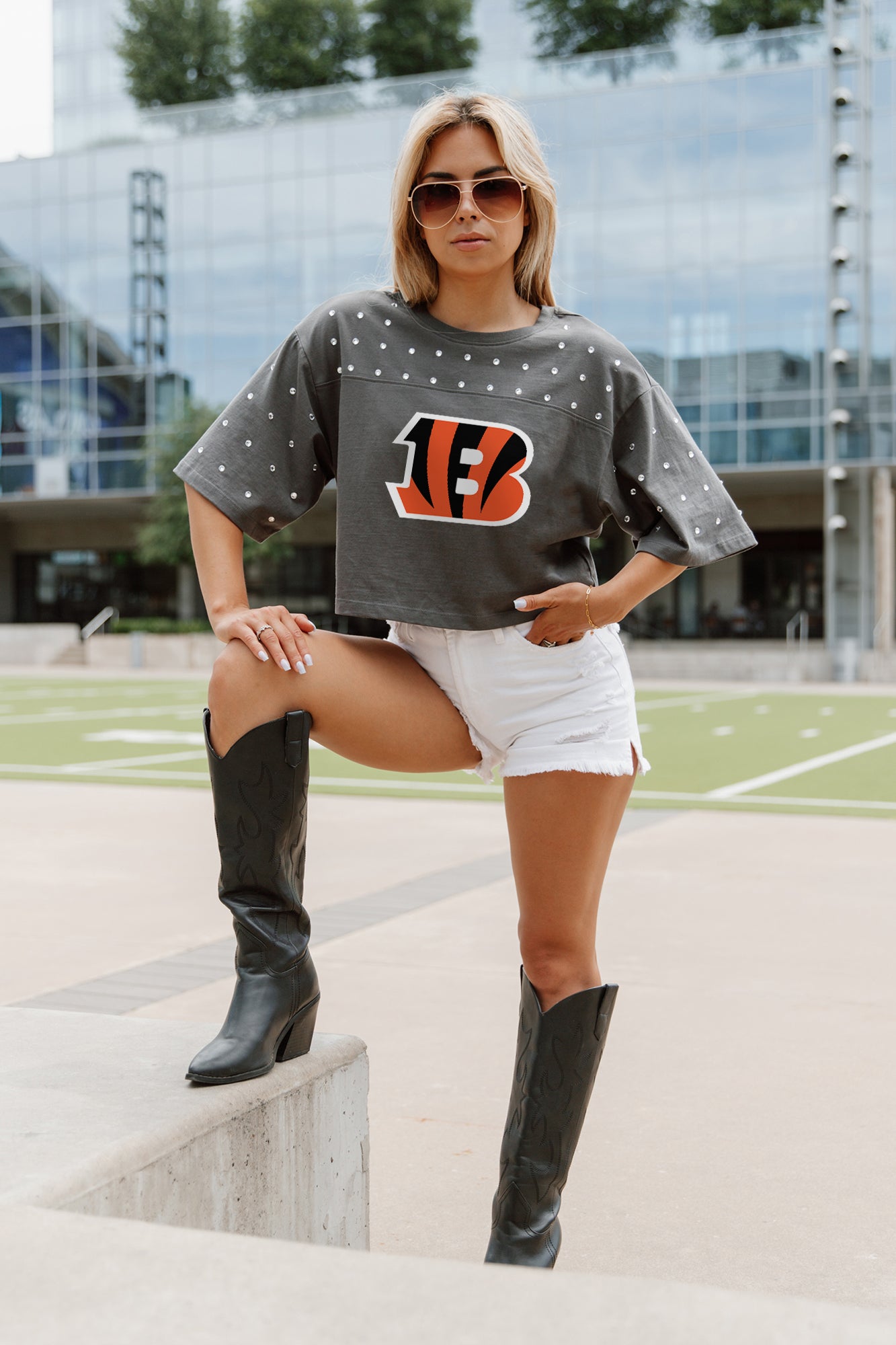 CINCINNATI BENGALS MAKING MOVES ALL-OVER RHINESTONE CROPPED TEE WITH YOKE