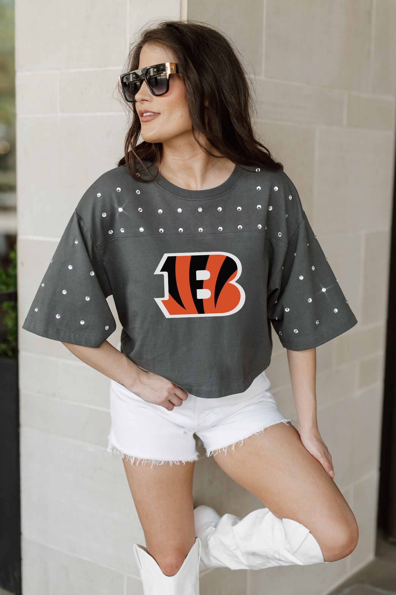 CINCINNATI BENGALS MAKING MOVES ALL-OVER RHINESTONE CROPPED TEE WITH YOKE