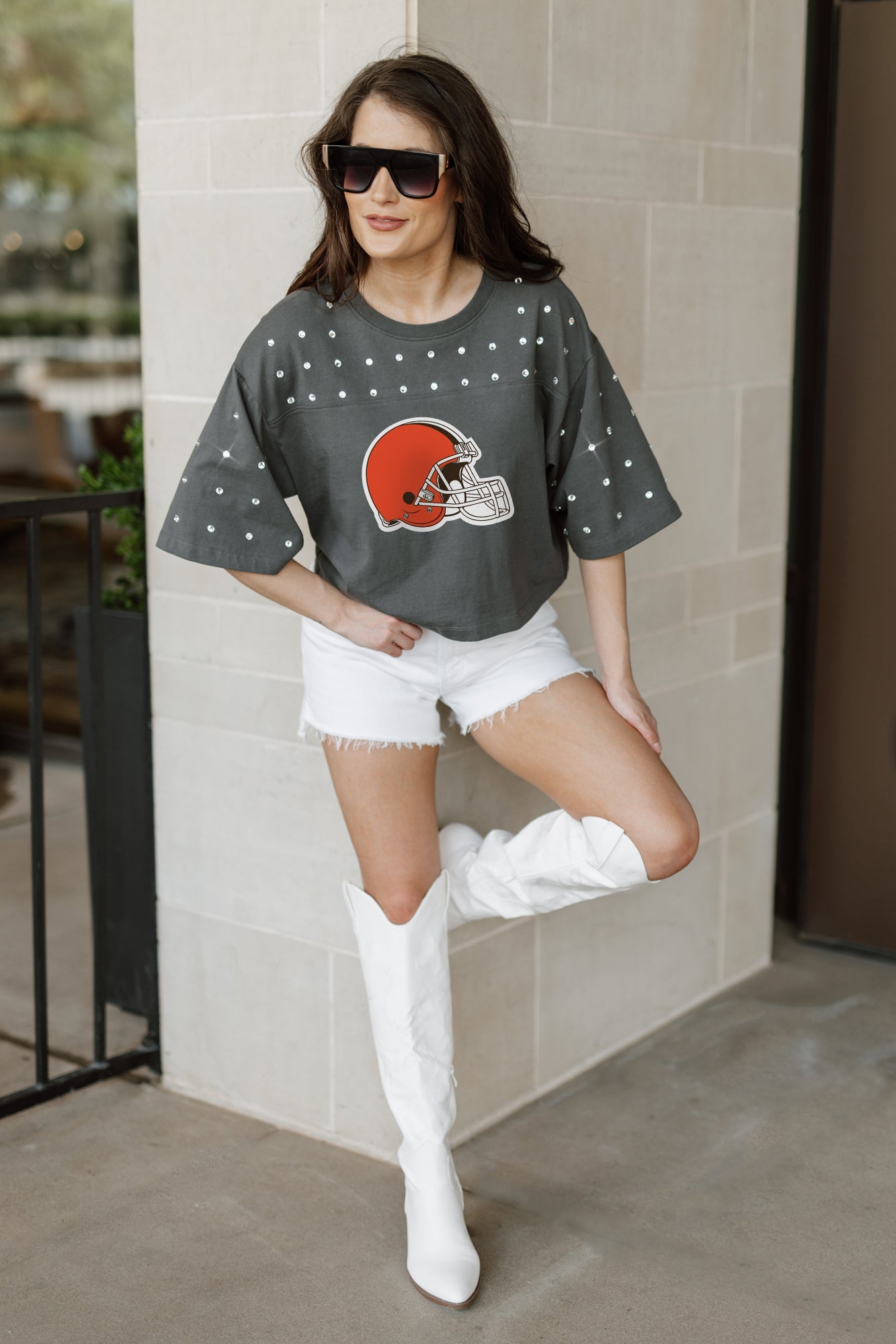 CLEVELAND BROWNS MAKING MOVES ALL-OVER RHINESTONE CROPPED TEE WITH YOKE