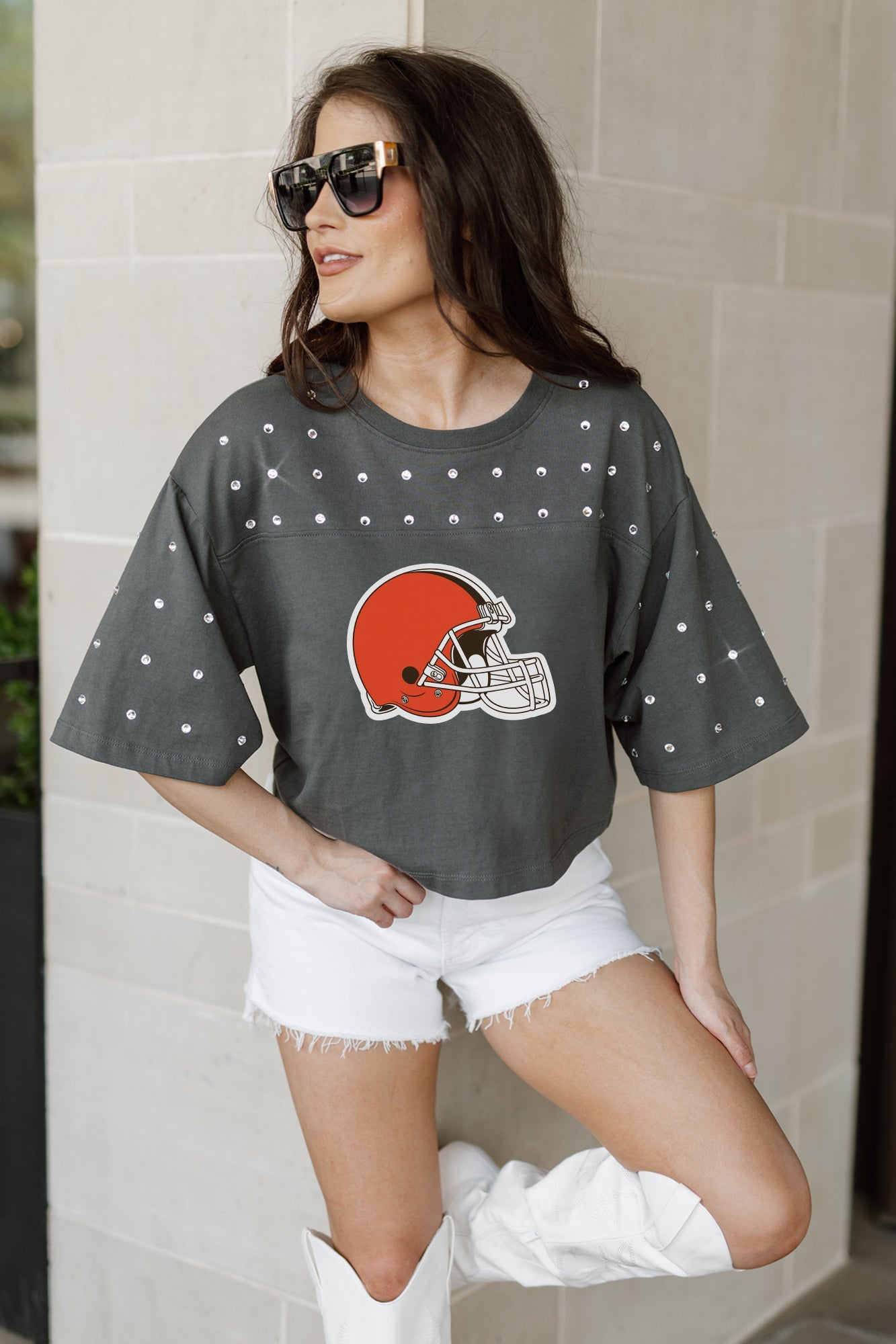 CLEVELAND BROWNS MAKING MOVES ALL-OVER RHINESTONE CROPPED TEE WITH YOKE