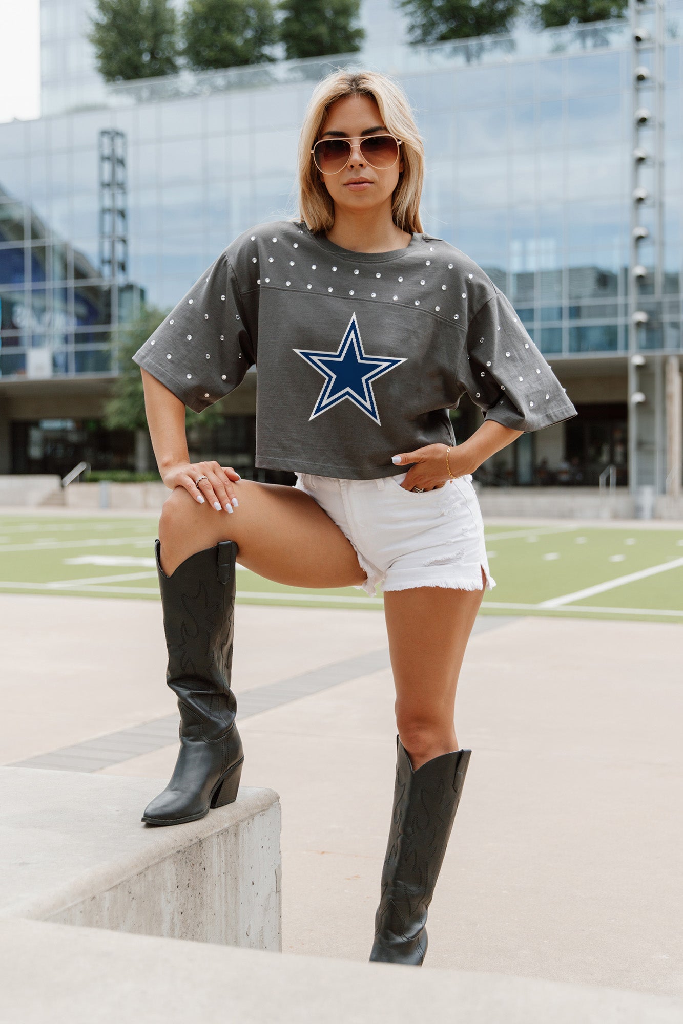 DALLAS COWBOYS MAKING MOVES ALL-OVER RHINESTONE CROPPED TEE WITH YOKE