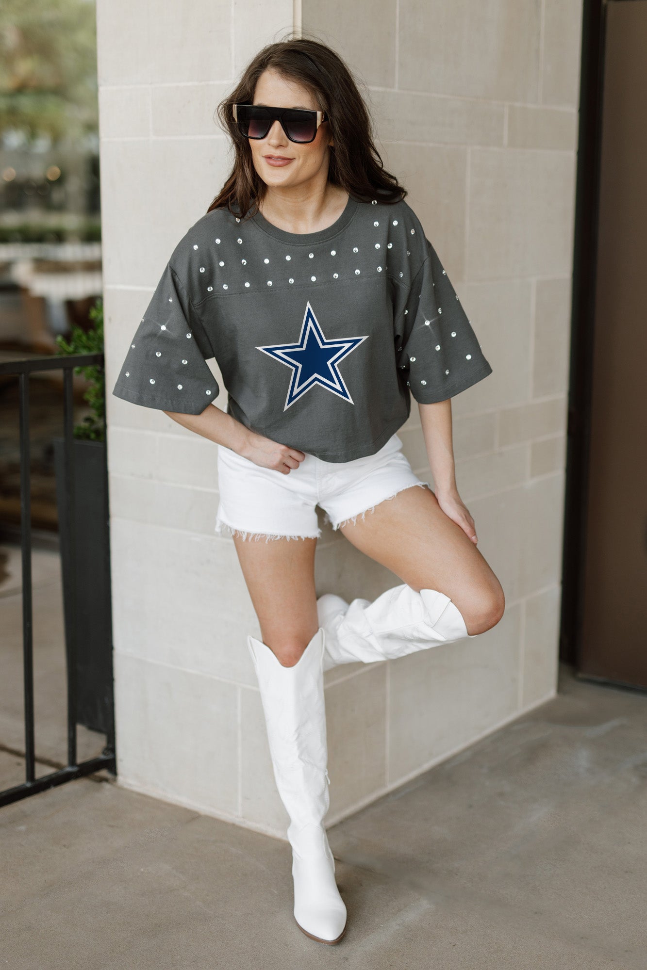 DALLAS COWBOYS MAKING MOVES ALL-OVER RHINESTONE CROPPED TEE WITH YOKE