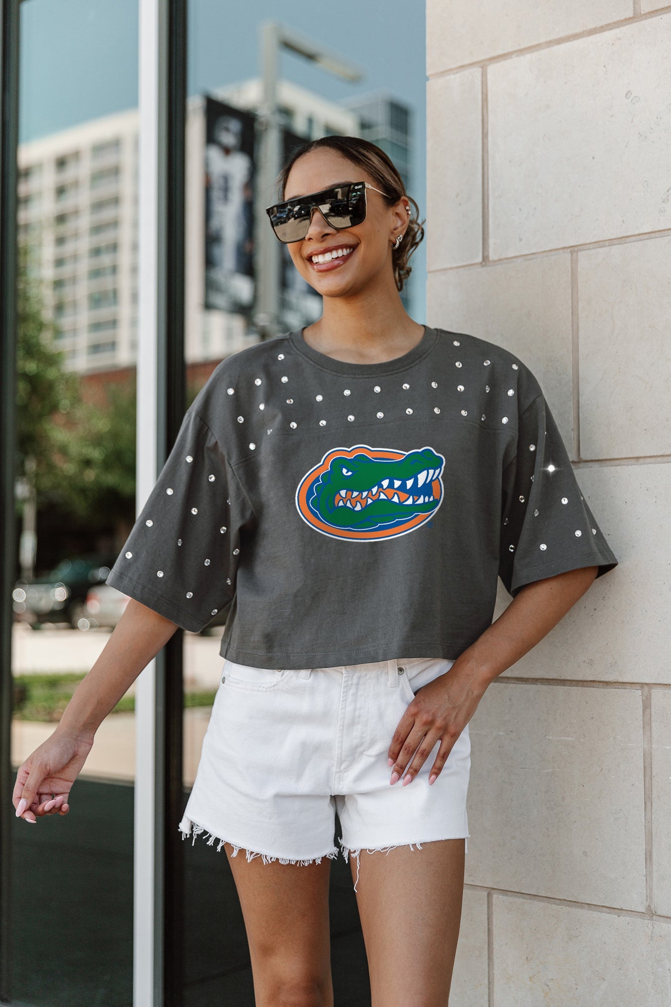 FLORIDA GATORS MAKING MOVES ALL-OVER RHINESTONE CROPPED TEE WITH YOKE