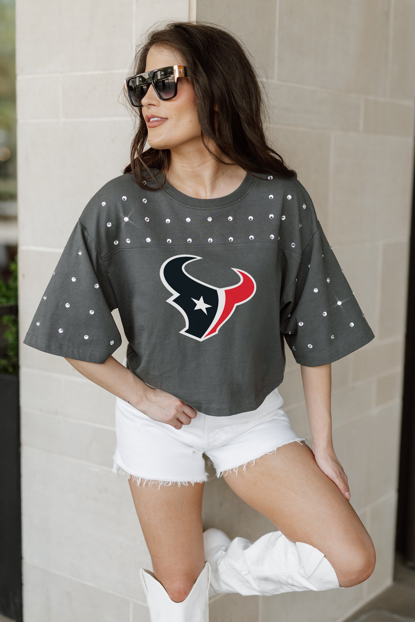 HOUSTON TEXANS MAKING MOVES ALL-OVER RHINESTONE CROPPED TEE WITH YOKE