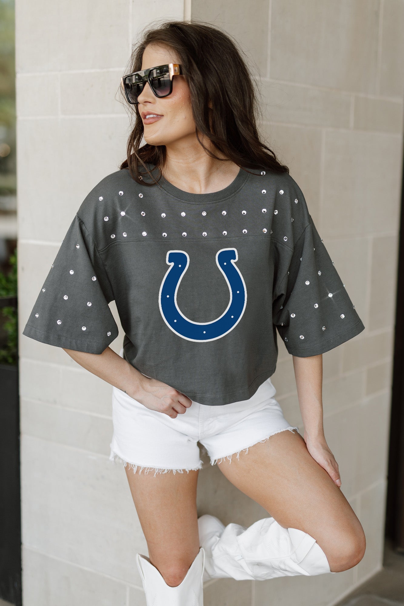 INDIANAPOLIS COLTS MAKING MOVES ALL-OVER RHINESTONE CROPPED TEE WITH YOKE