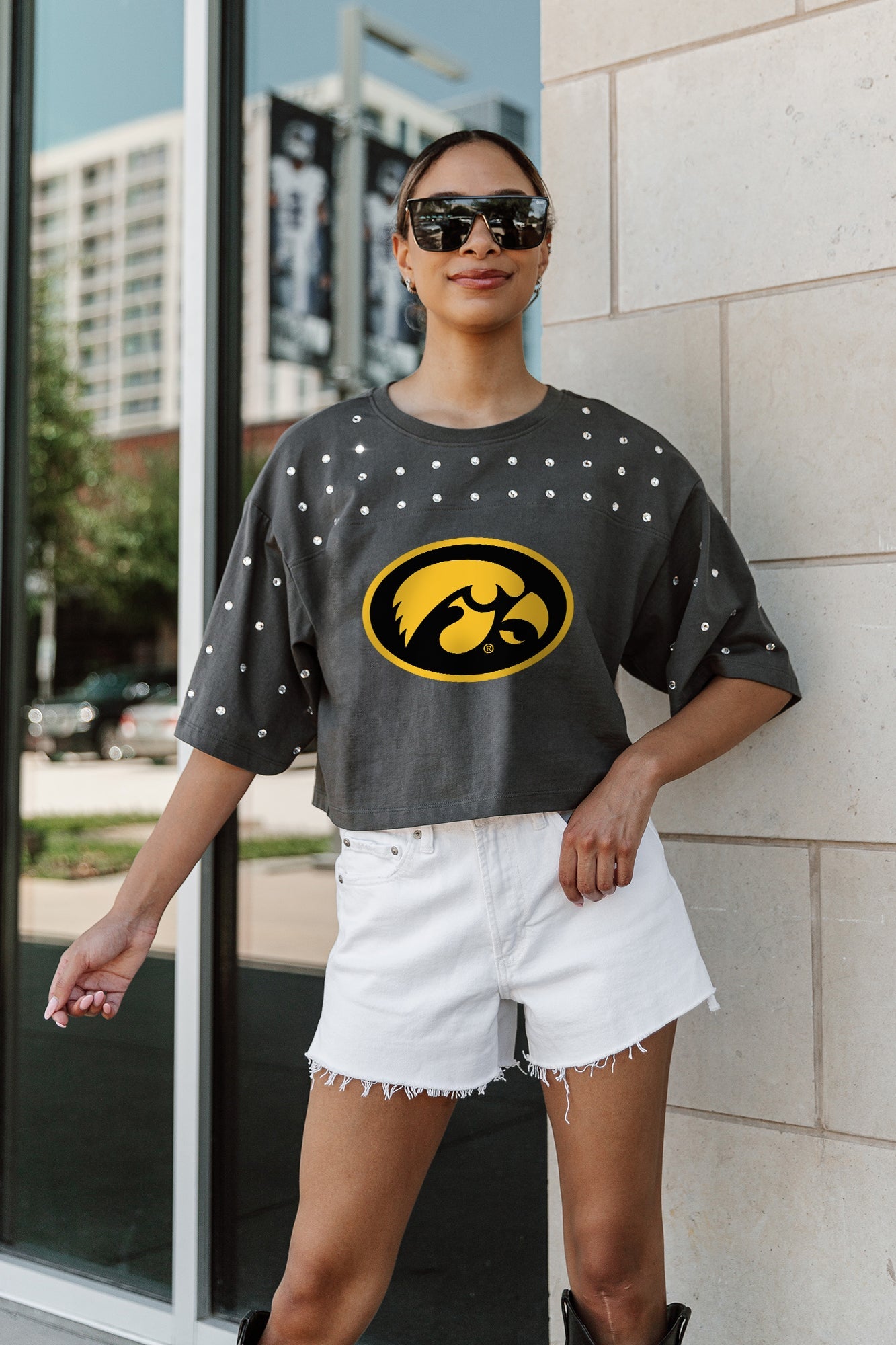 IOWA HAWKEYES MAKING MOVES ALL-OVER RHINESTONE CROPPED TEE WITH YOKE