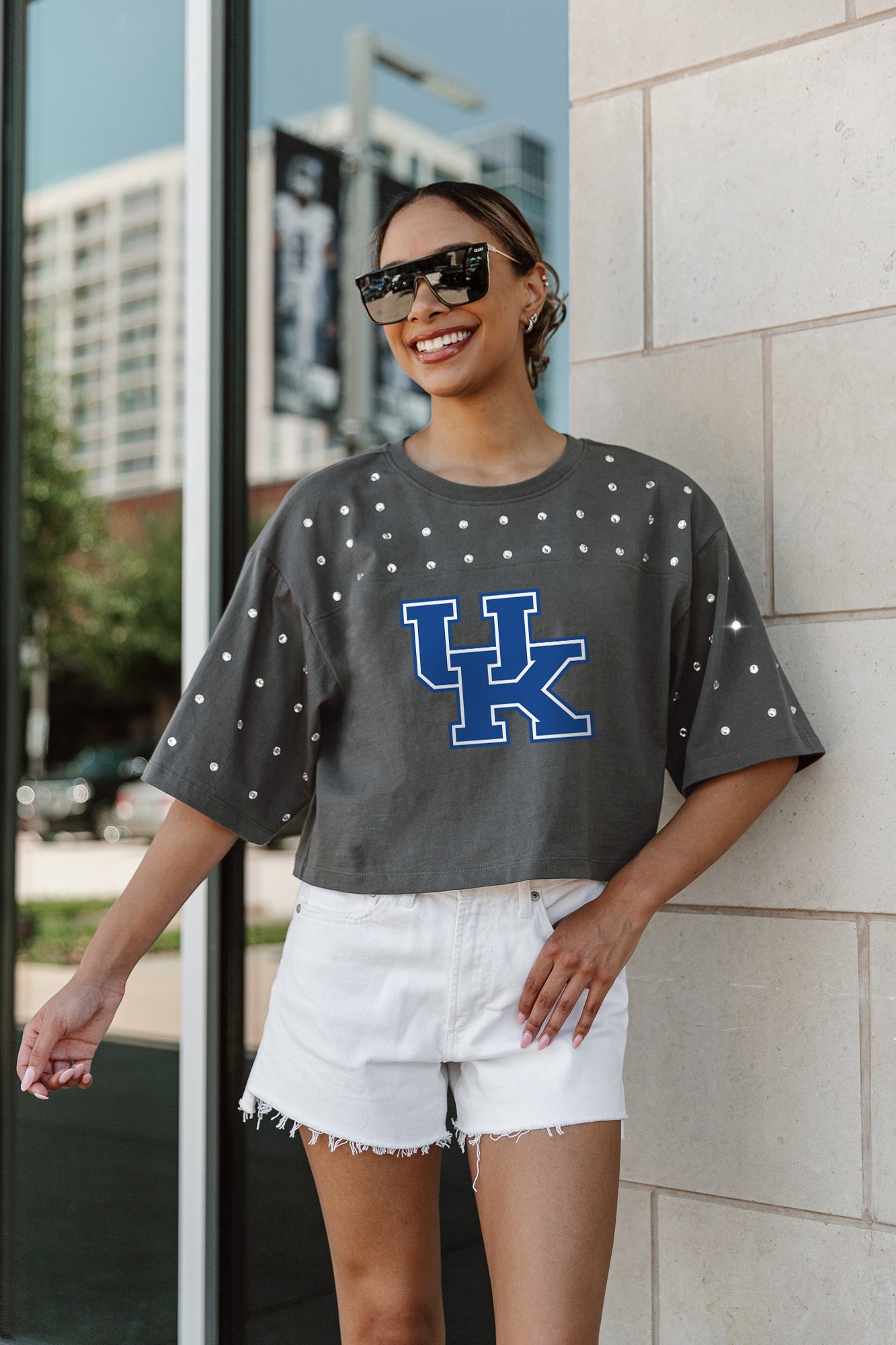 KENTUCKY WILDCATS MAKING MOVES ALL-OVER RHINESTONE CROPPED TEE WITH YOKE