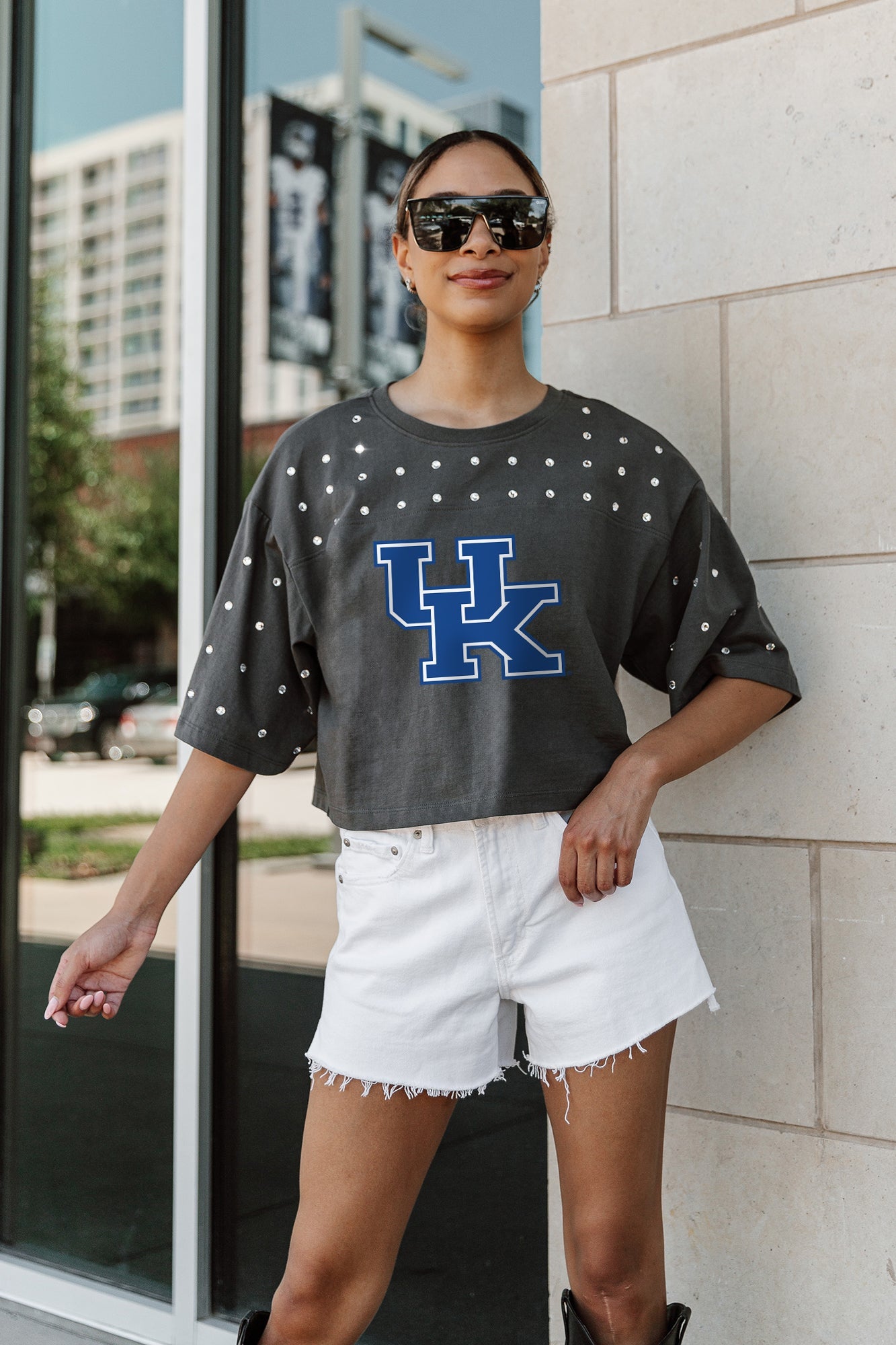 KENTUCKY WILDCATS MAKING MOVES ALL-OVER RHINESTONE CROPPED TEE WITH YOKE