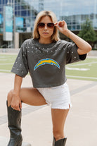 LOS ANGELES CHARGERS MAKING MOVES ALL-OVER RHINESTONE CROPPED TEE WITH YOKE