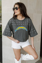 LOS ANGELES CHARGERS MAKING MOVES ALL-OVER RHINESTONE CROPPED TEE WITH YOKE