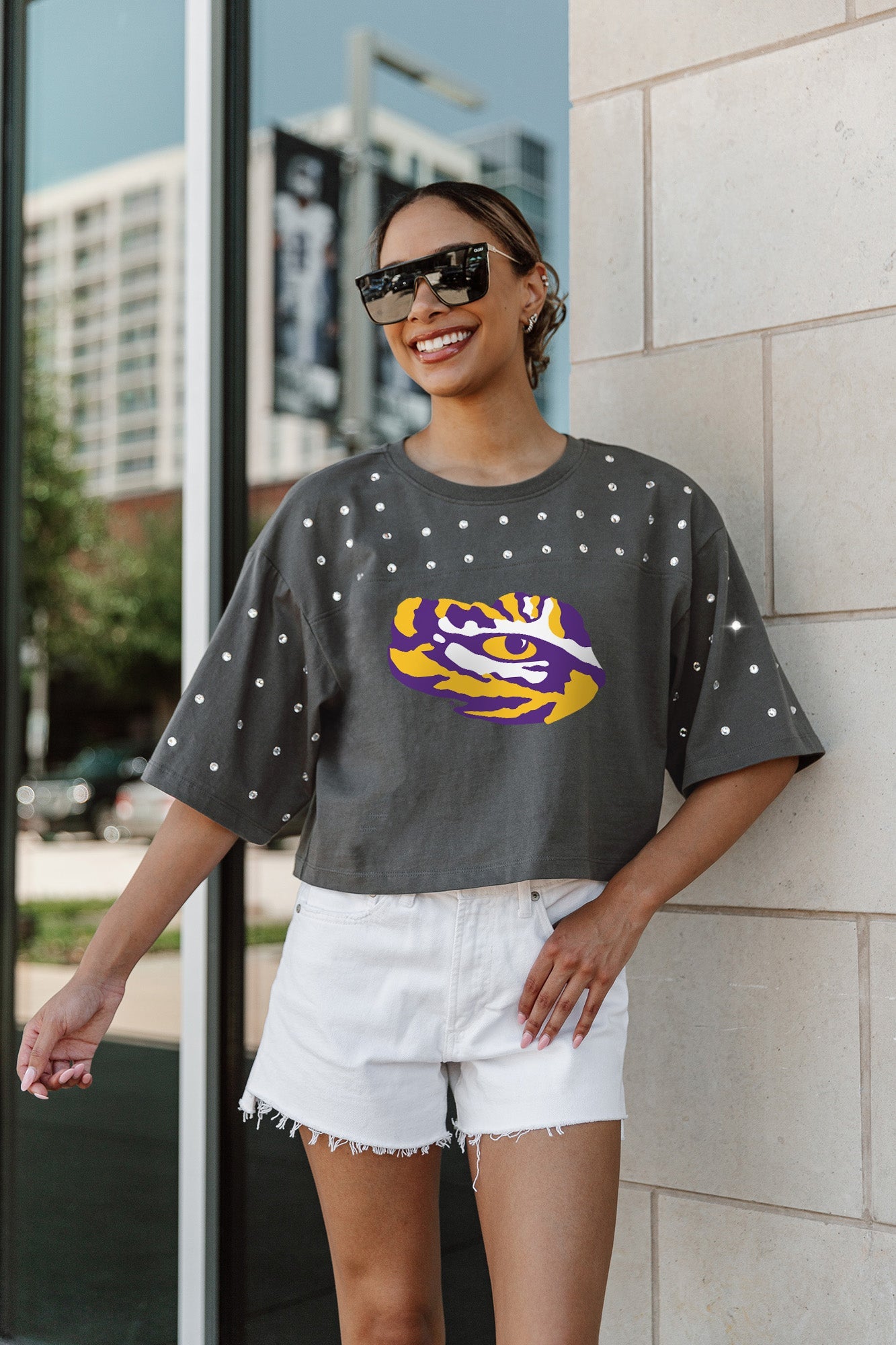 LSU TIGERS MAKING MOVES ALL-OVER RHINESTONE CROPPED TEE WITH YOKE