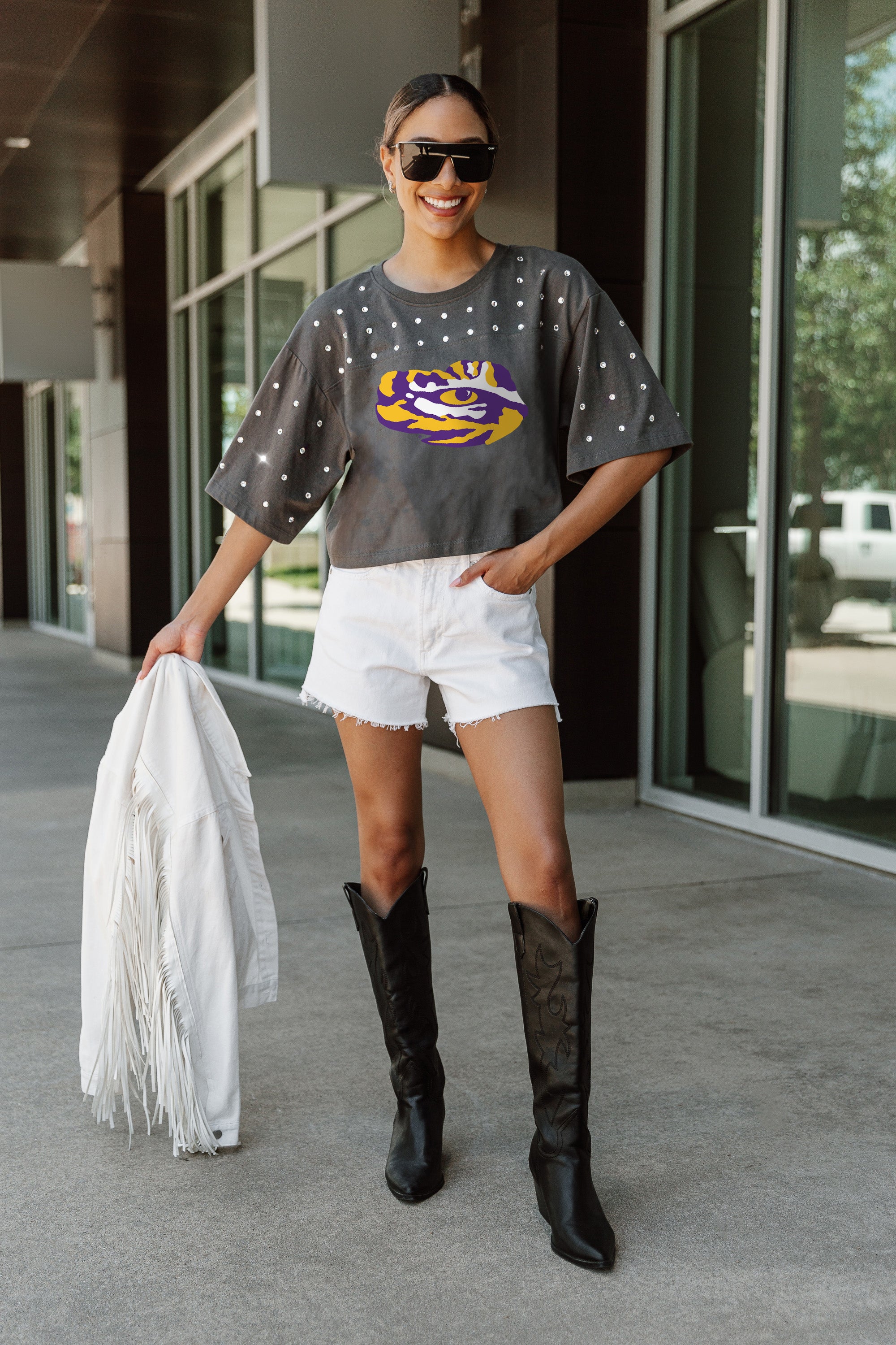 LSU TIGERS MAKING MOVES ALL-OVER RHINESTONE CROPPED TEE WITH YOKE